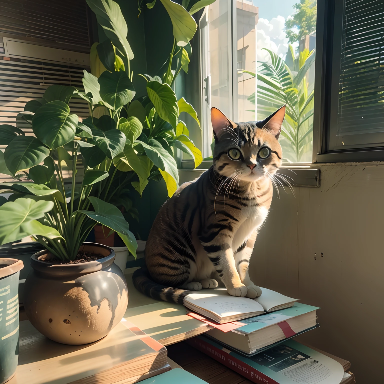 Round-eyed cat sitting in class class, There is a blackboard, a plant, Sunlight outside the window
