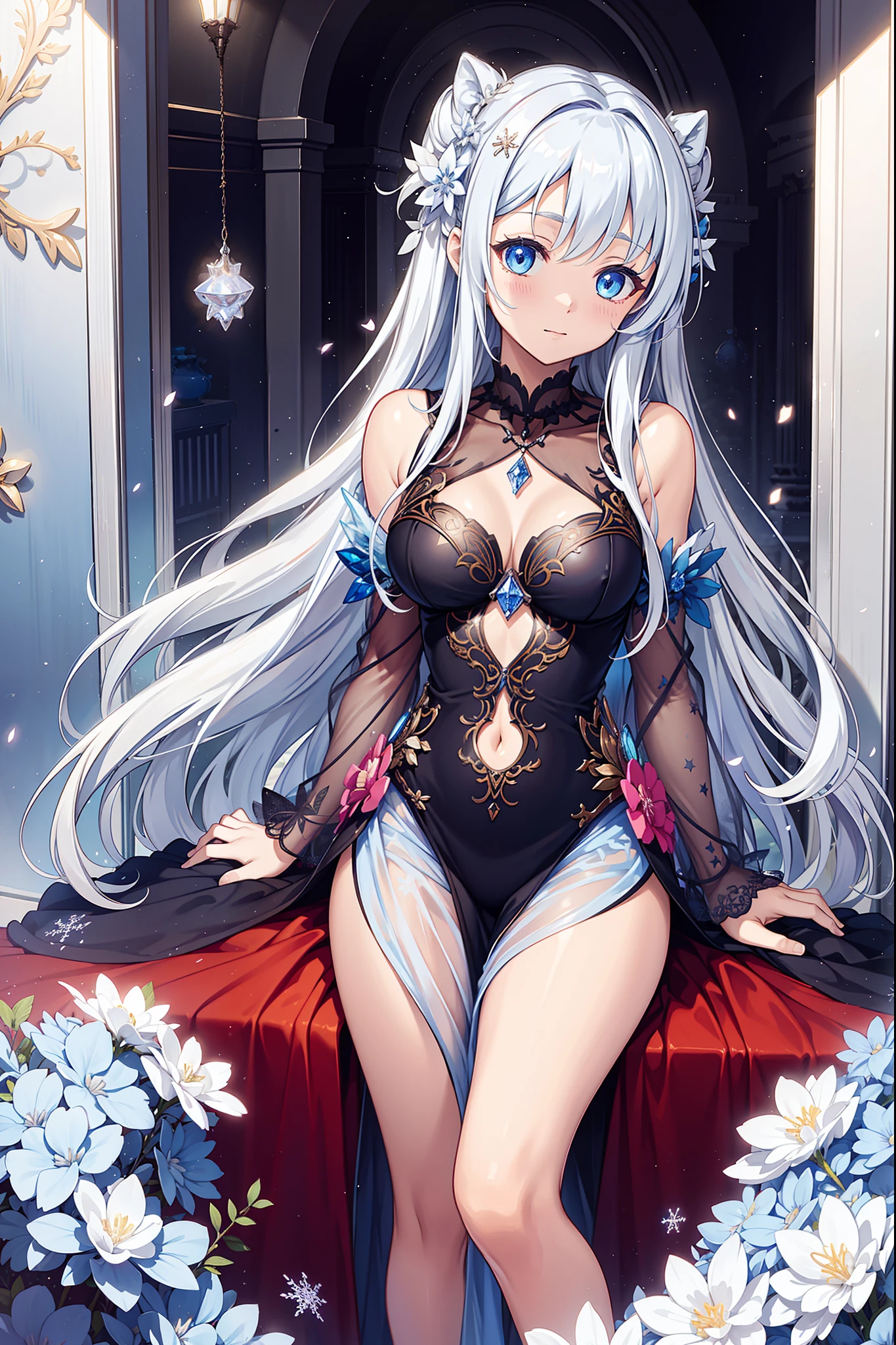 solo person,the night,inside in room,shyexpression,saintess,See-through Pajamas,see-through sleeves,Enchanted,Petal edges,adolable,Light colors,gentleness,Snowflake decoration,extremely detailed CG 8k wallpaper,best qualtiy,tmasterpiece,A high resolution