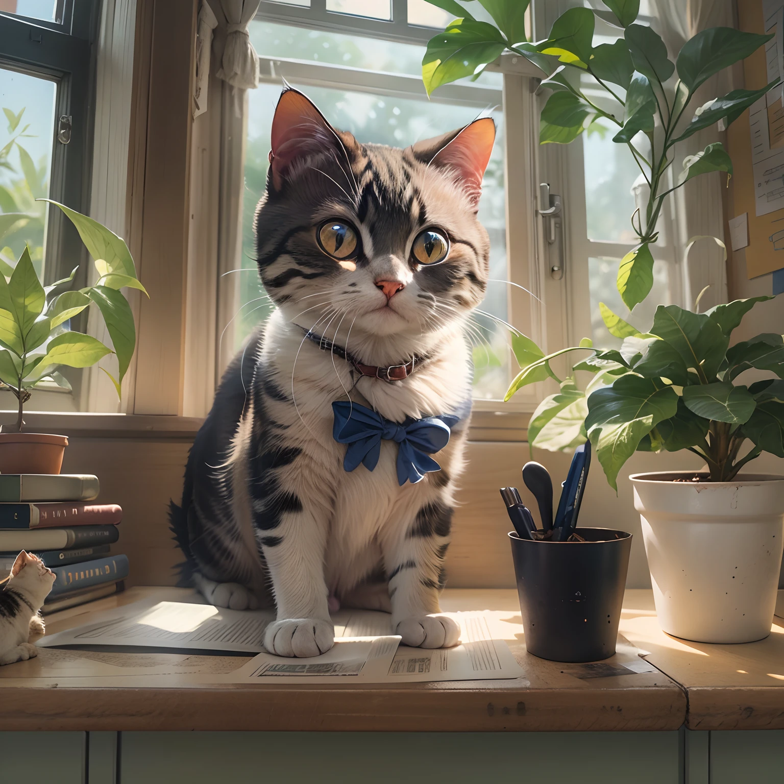 Round-eyed cat sitting in class class, There is a blackboard, a plant, Sunlight outside the window
