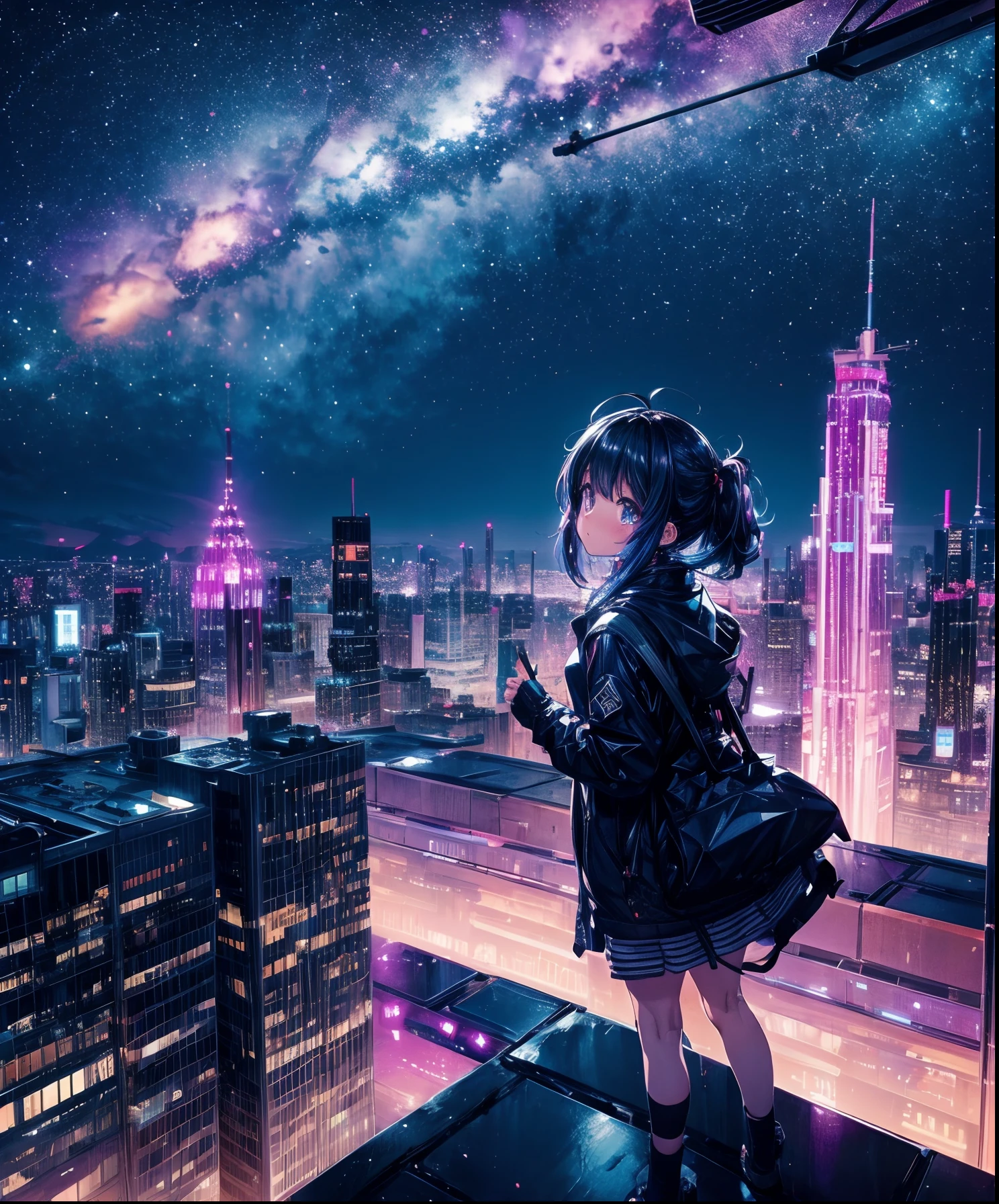 A girl standing on a ledge looking at the city at night - SeaArt AI