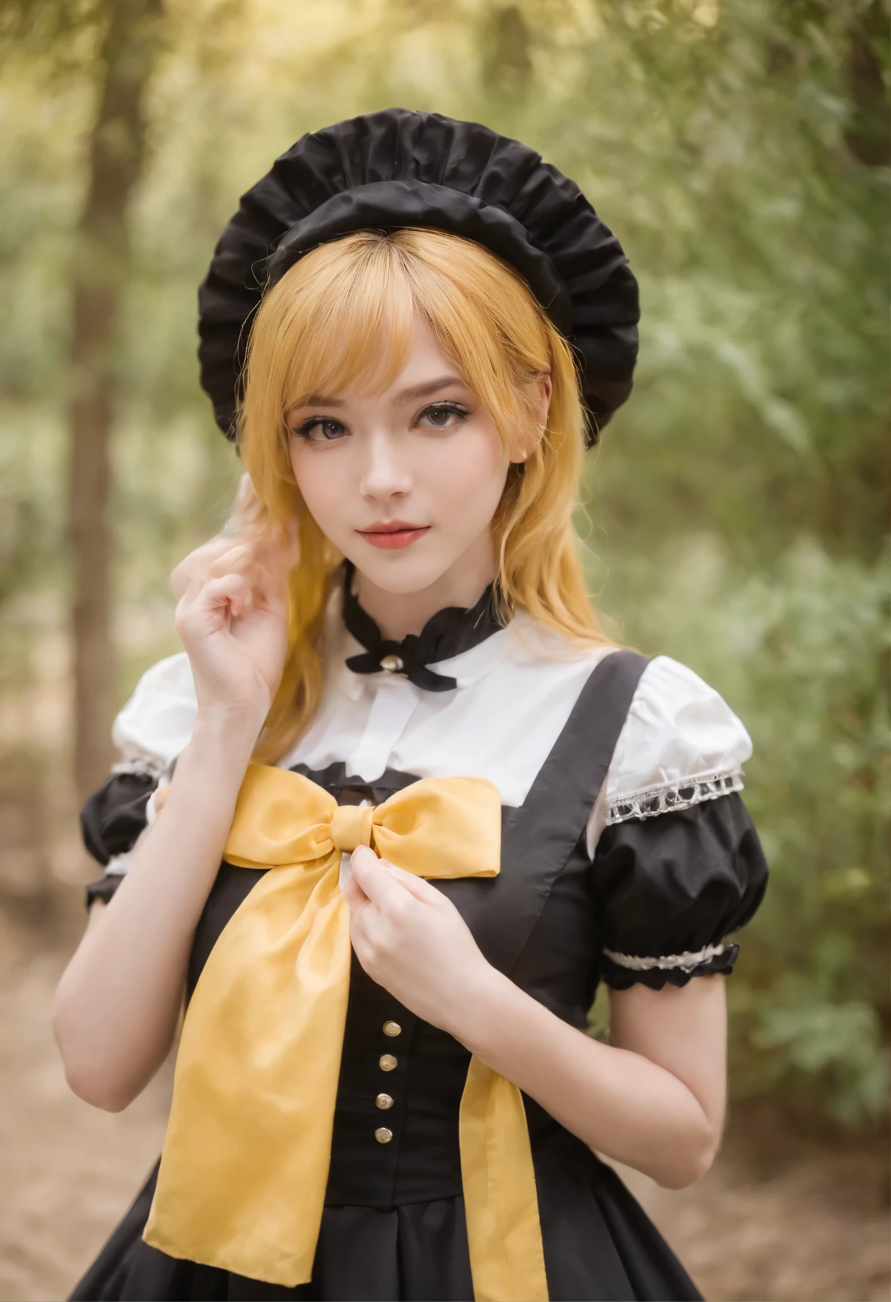 there is a woman in a black hat and yellow shirt, wearing wheat yellow gauze, cosplay of a catboy! maid! dress, witchcore clothes, anime girl cosplay, rin, loli, kagamine rin, yellow and black, rena nounen style 3/4, bright witch, with yellow cloths, magical school student uniform, marisa kirisame