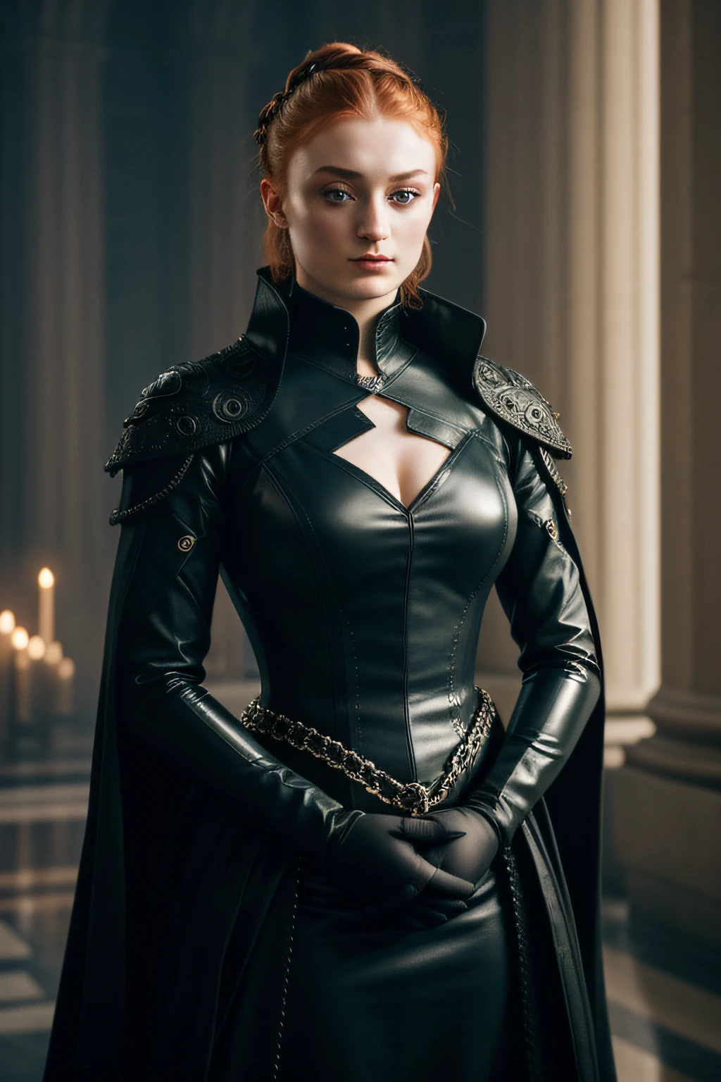 Sophie Turner, powerful, dystopian noblewoman, regal latex outfit, gothic setting, imposing architecture, oppressive palace, confident expression, dystopian society, unique hairstyles, striking makeup, regal demeanour, imposing throne, dark and brooding atmosphere, dominating personality, large and natural breasts, beautiful face, perfect anatomy, athletic body, wide hips, beautiful hands, detailed textures, sharp focus, ultra-high pixel detail, intricate, realistic, movie scene, high-quality, full colours, incredibly detailed, 16k, hyper-realistic, RAW photo, masterpiece, ultra-detailed, professionally colour graded, professional photography
