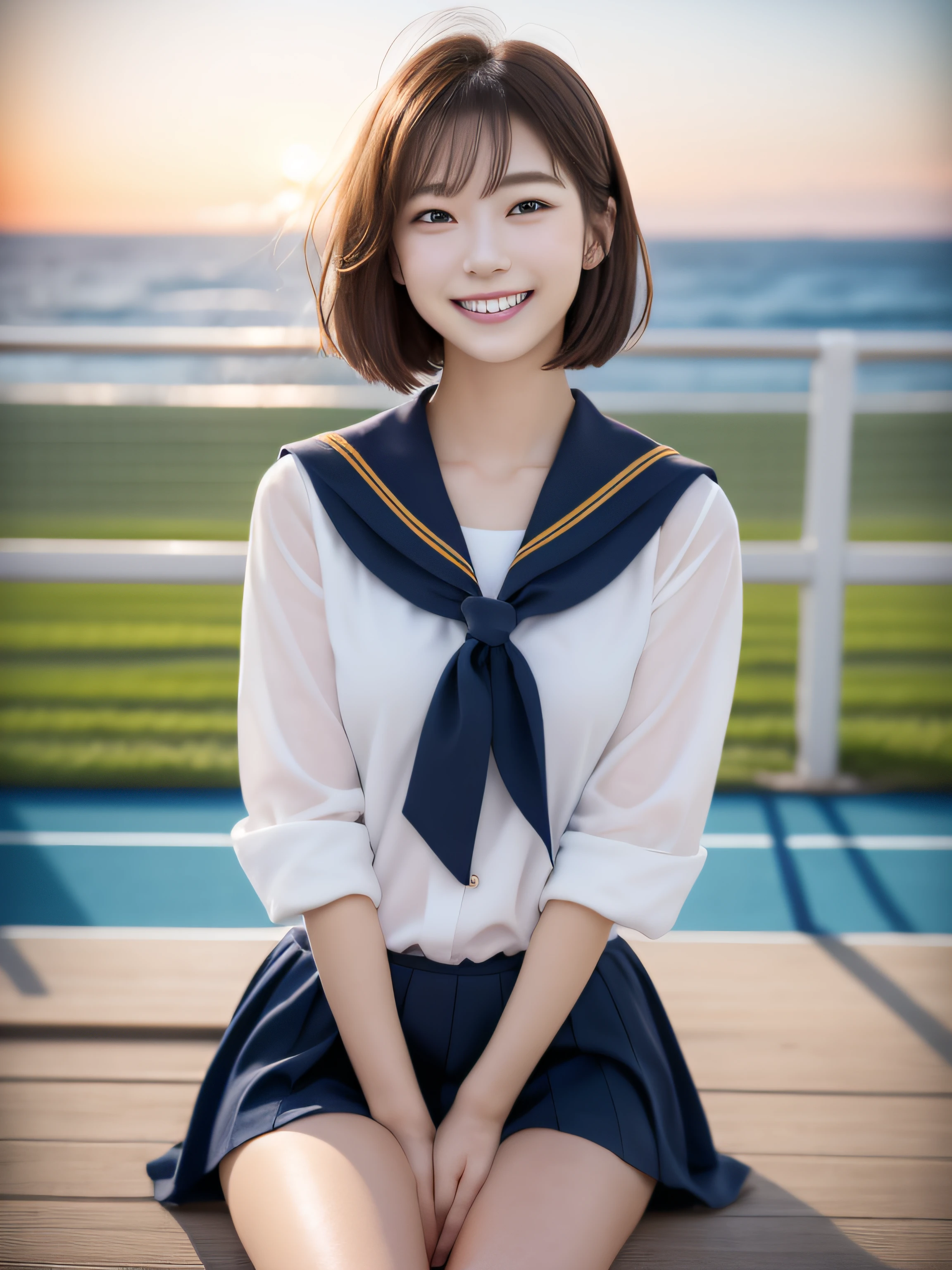 {{masutepiece, Best Quality, extremely details CG, Unity 8k壁纸, Cinematic lighting, }}, Sony α7, wide frame, south pacific, During the war with the Asian powers, The wind blowing on the Aegis ship, 1 girl, Full body, Smile, She is a sailor in the US Navy, Caucasian, 20 years old,Physical education sitting in a miniskirt、 Smile, Blonde hair, a short bob, Blue eyes , long eyelashes ,