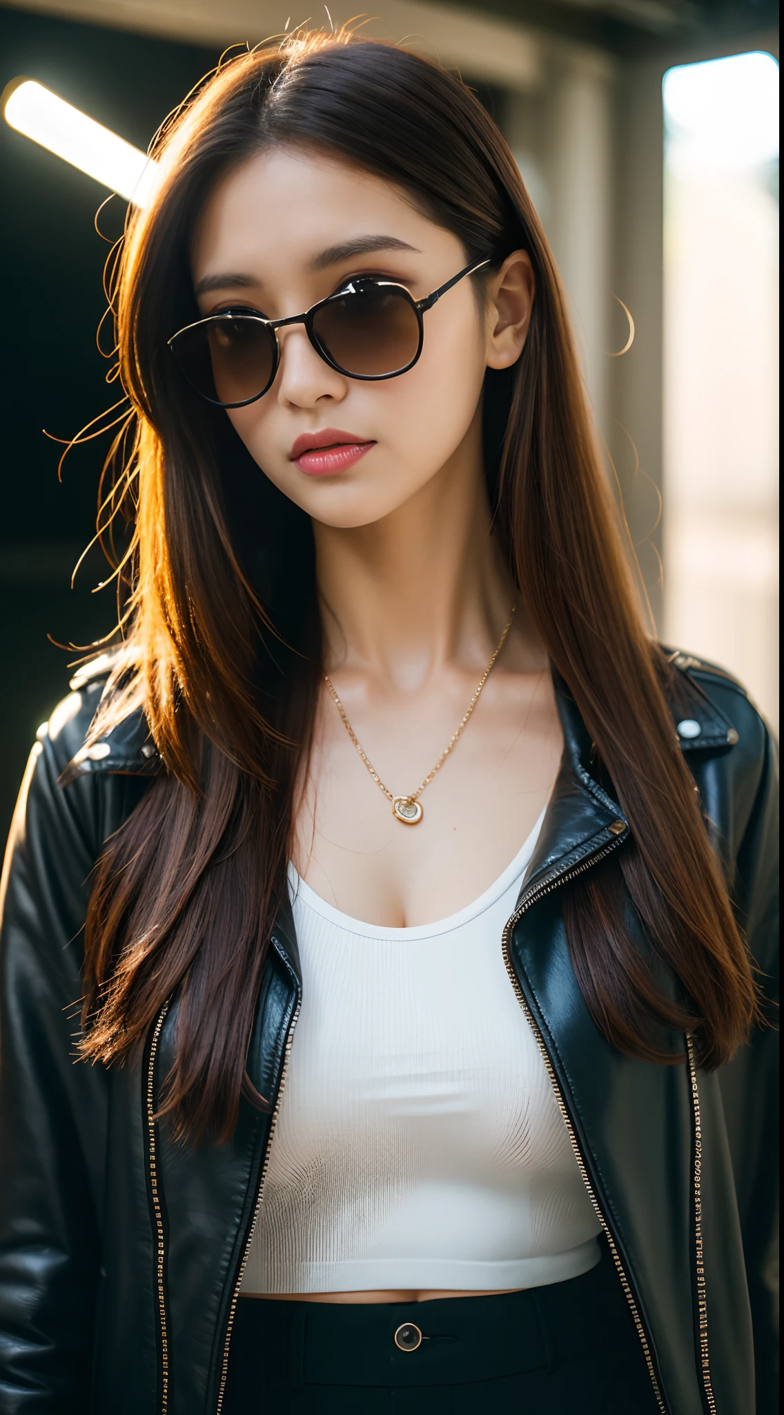 ((Day, Best Quality, 8K, Masterpiece: 1.3, Realistic)), Full Body: 1.4, Slender Abs: 1.2, (Long dark brown hairstyle, Medium Breasts: 1.2)), (Tight tanktop, Leather Jacket, Tight black leatherpants, Chains, Standing: 1.2, Black sunglasses), (Outdoor, Garage, Realistic garage background, Day lights, Bright sunlights), Highly detailed face and skin texture, detailed eyes, double eyelids, swag, badass, face looking at the camera, full body camera view, solo shots, 1 person