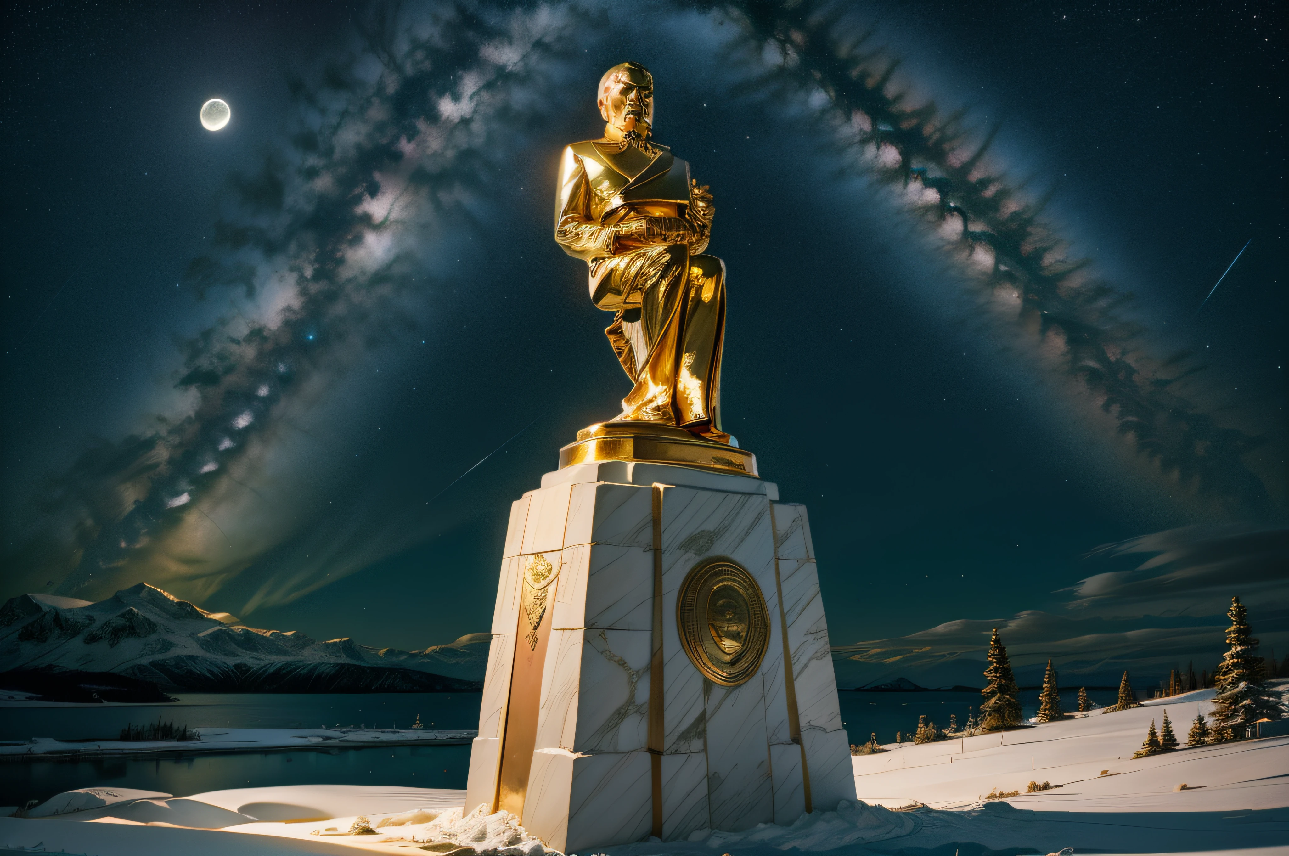 the gold bust of lenin at the pole of inaccessibility sits upon a marble plinth with copper embossed writing, nighttime, moonlight,