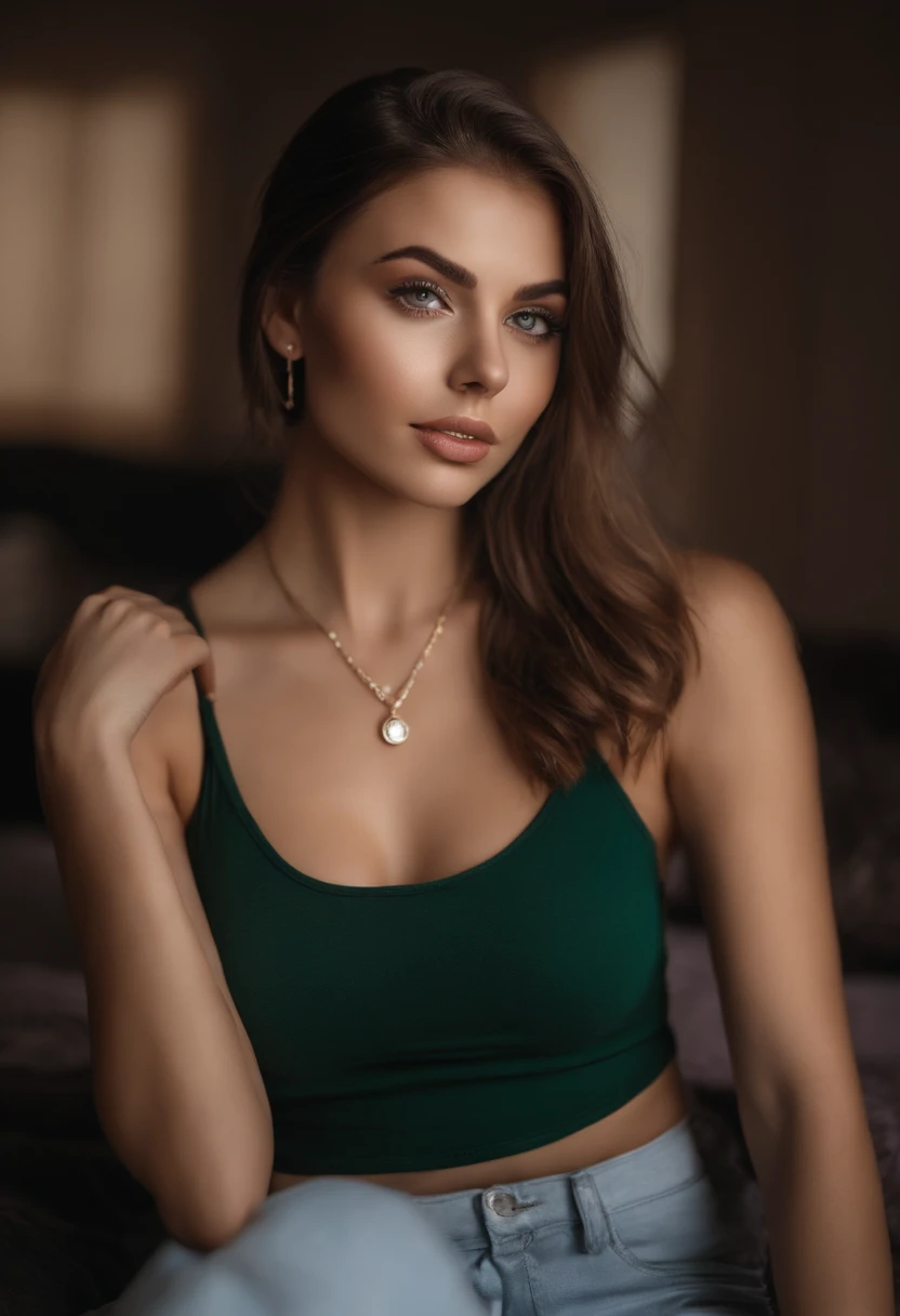 arafed woman with a white tank top and a necklace, sexy girl with green eyes, portrait sophie mudd, brown hair and large eyes, selfie of a young woman, bedroom eyes, violet myers, without makeup, natural makeup, looking directly at the camera, face with artgram, subtle makeup, stunning full body shot, piercing green eyes