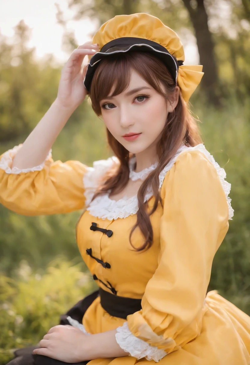 there is a woman in a black hat and yellow shirt, wearing wheat yellow gauze, cosplay of a catboy! maid! dress, witchcore clothes, anime girl cosplay, rin, , kagamine rin, yellow and black, rena nounen style 3/4, bright witch, with yellow cloths, magical school student uniform, marisa kirisame
