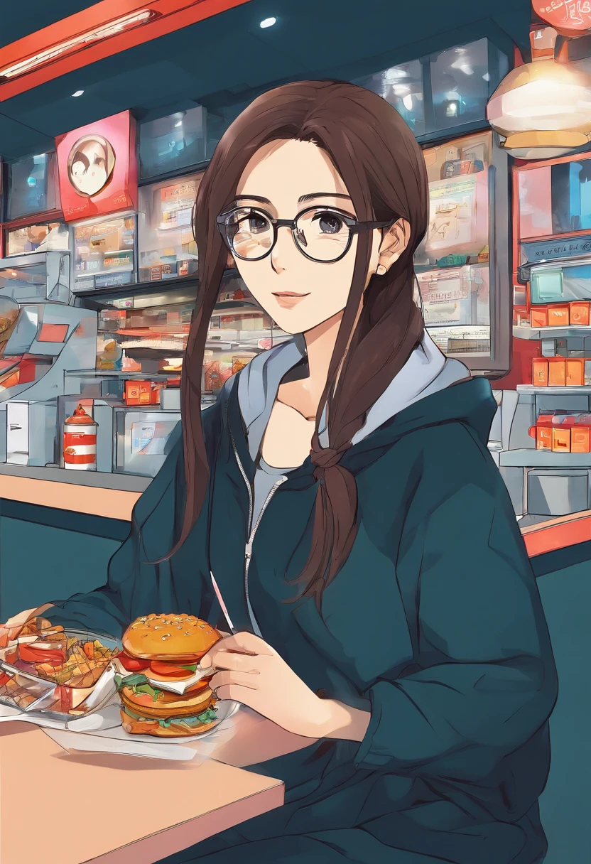 Brunette girl with ponytail and glasses about 35 years old. Sitting in a fast food restaurant with dark clothes