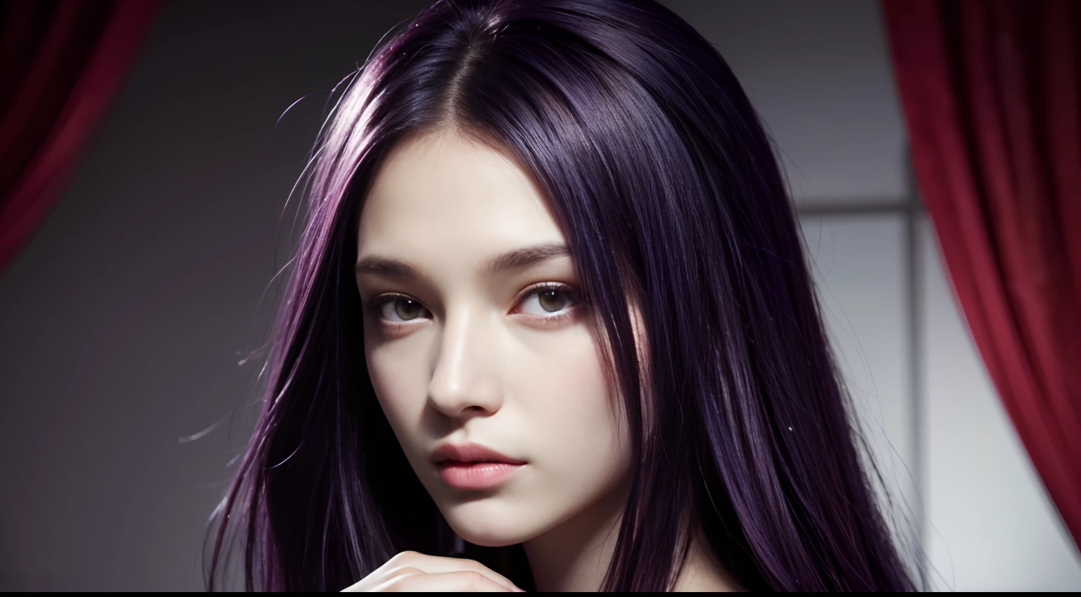 pale-skinned, ((dark purple hair)), ((red eyes)), slender, 19 year old, beauty, half body portrait, 1, slender, extremely beautiful face, exquisite face