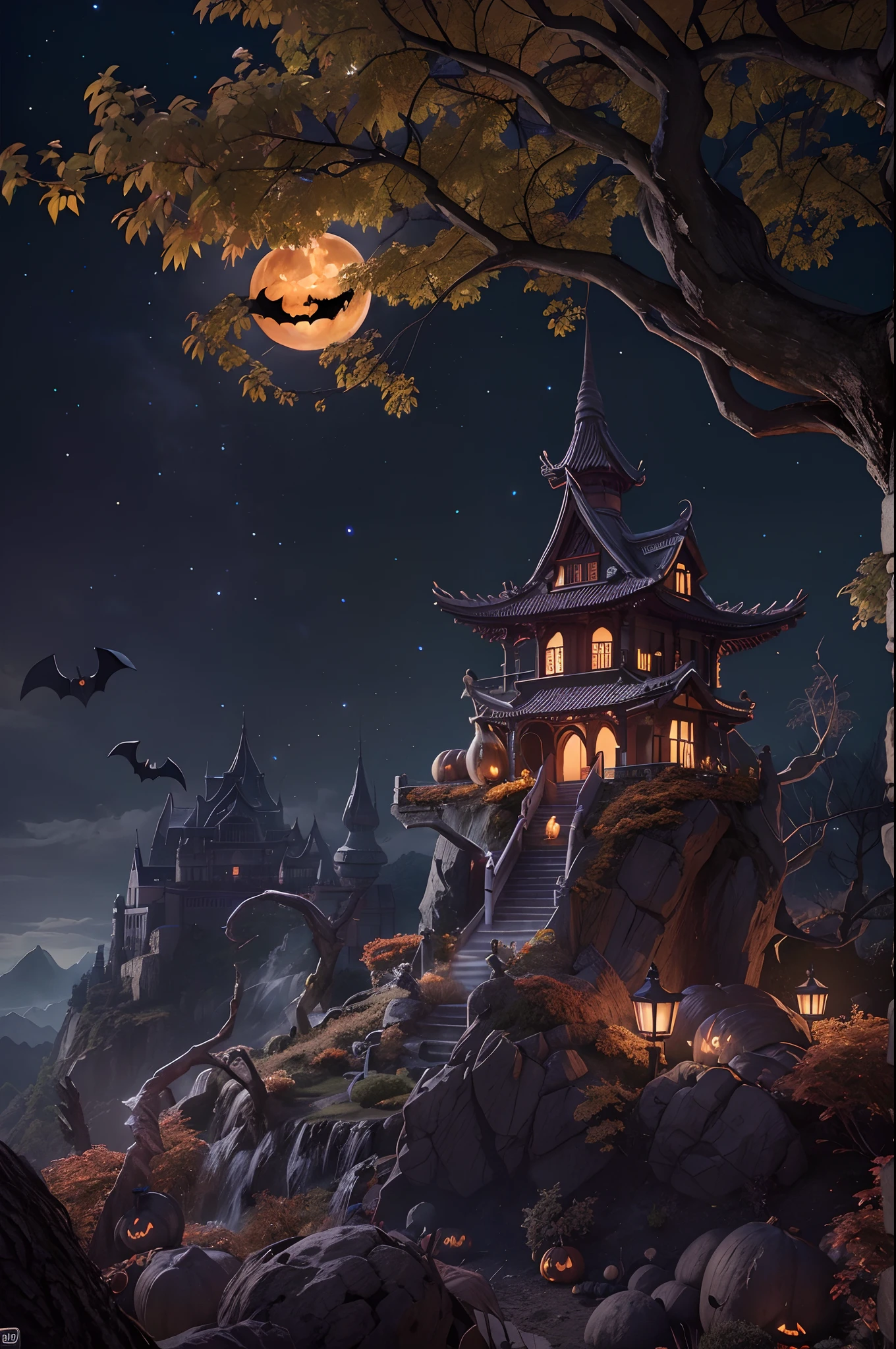 Halloween、Huge Full Moon、Halloween Poster、pumpkins、the bats、masterpiece、top-quality、top-quality、realisitic、8K 、Highly detailed CG、hight resolution、ultra-detailliert、finely detail、Moonlit Night Fantasy Fortress、lighting like a movie、 Jack-o'-lantern、Castles, Xicheng at the top of the mountain、mont、withered huge branches