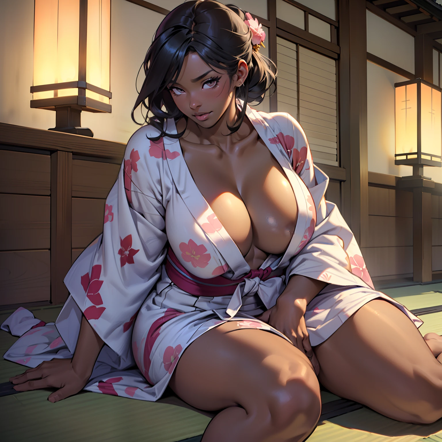 there is woman that is lying on tatami,(((A MILF: 1.4))), (Curvy:1.35),(((Dark skin))),Curvy physique,, Thick body,((big nipple)),((Completely naked)), (((pinching breasts in yukata))),((untied yukata)),((pubic hair)), sakimichan, model in Japan,((Sexual suggestiveness)),