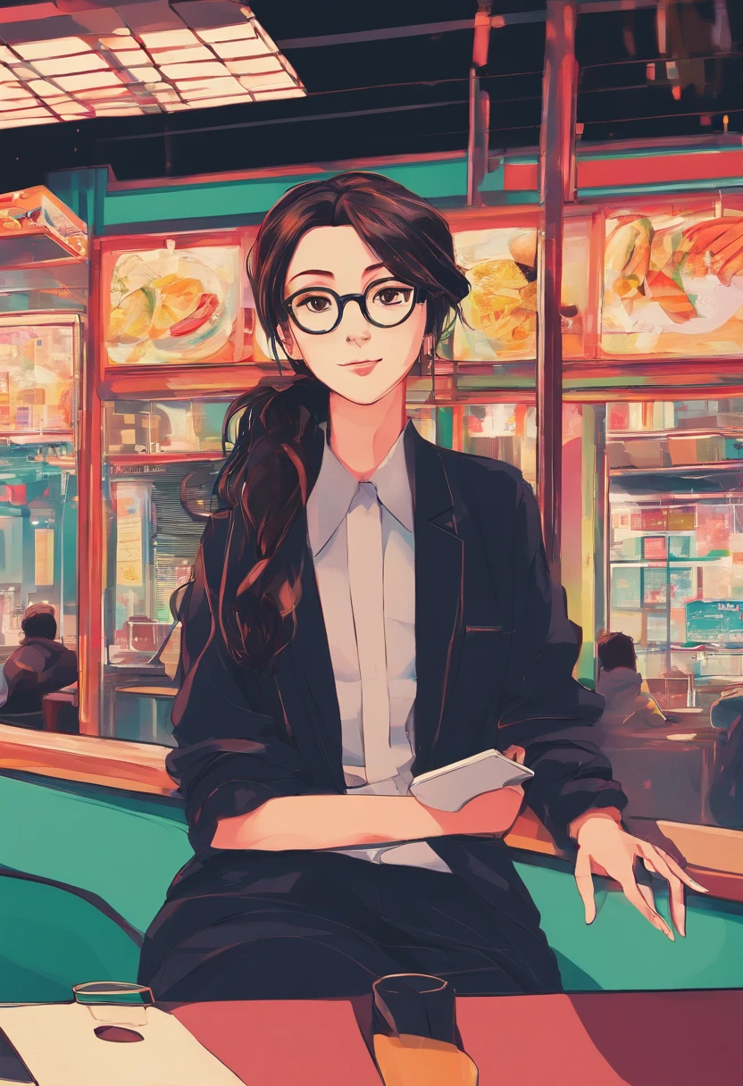 Brunette girl with ponytail and glasses about 35 years old. Sitting in a fast food restaurant with dark clothes