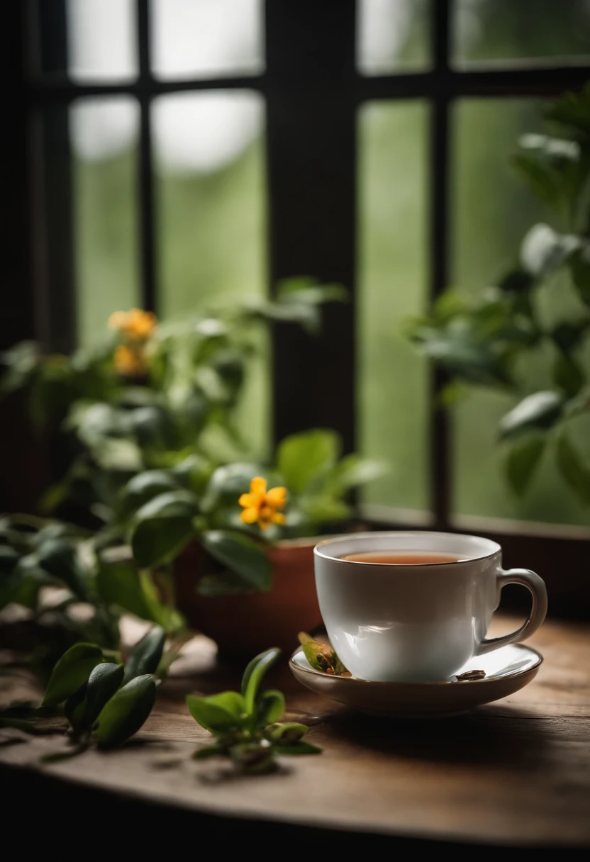 droste effect photography, macro photography, Hot tea on a wooden table next to a window with many plants, flower photography, food photography, nature photography,