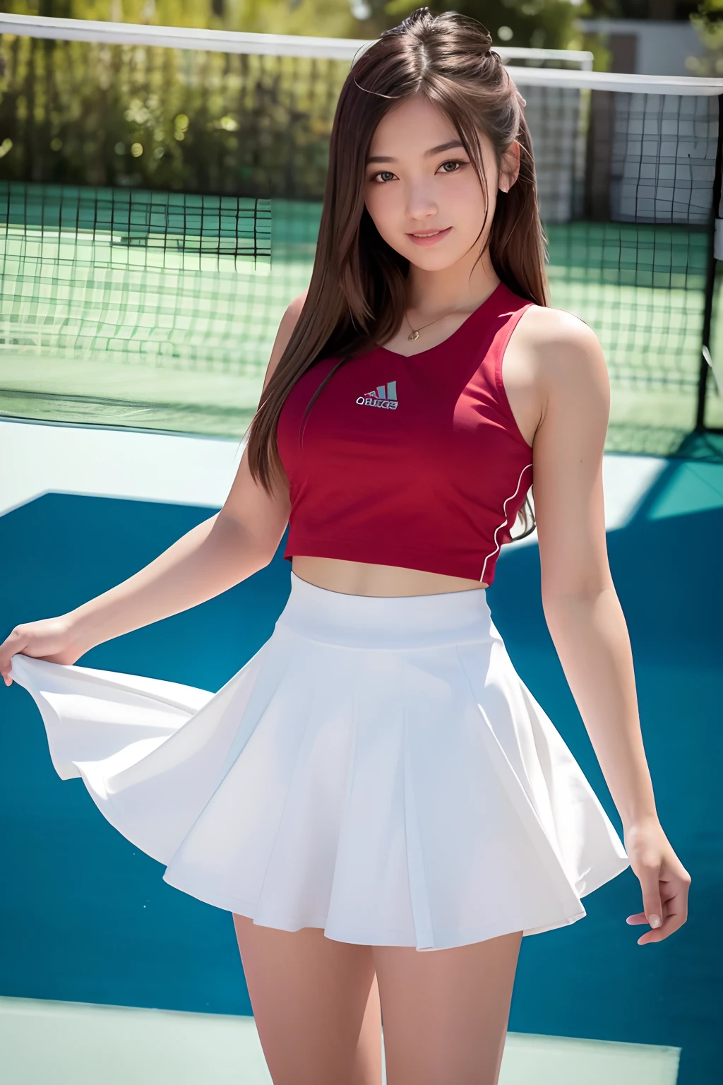 Arafed asian woman in a red top and white skirt posing for a picture ...