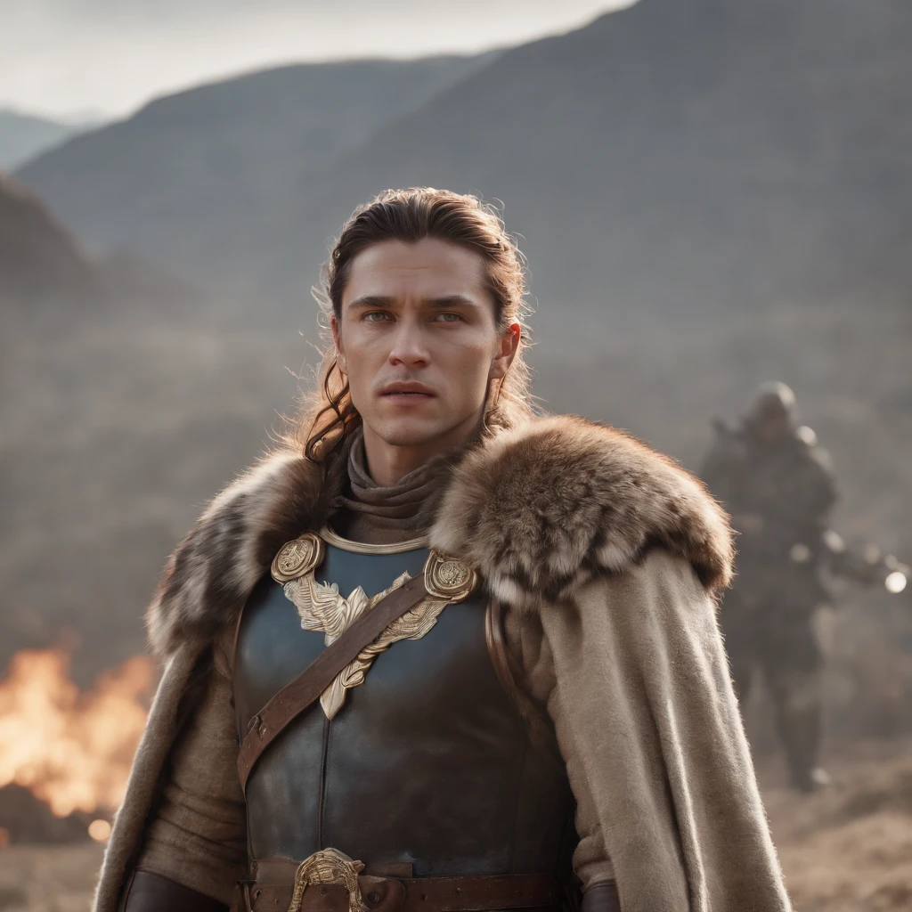 (Professional 3D Rendering:1.3) in the (Realistic:1.3) The most beautiful artwork photos in the world，Features soft and shiny male heroes,Stand on the battlefield、Raise the roar