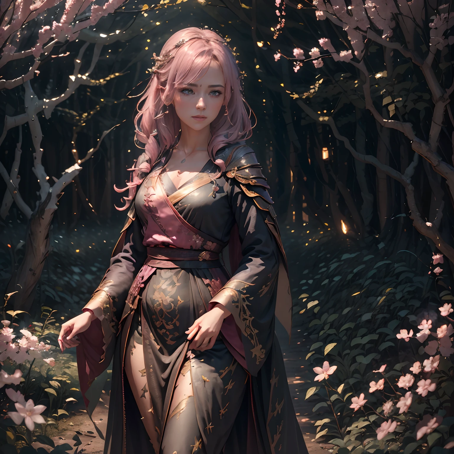 A woman in a light pink dress stands in a cherry blossom forest, Art germ, Realistic landscape, Detailed artistic germ, perfect eyes, perfect face, ultra - detailed, full body shot of, (skin indentation: 1.5), realisticlying, realisticlying, (tmasterpiece: 1.5), concept-art, intricately details, highly detailed, realisticlying, Octane rendering, 8K, unreal-engine, dynamicposes, best qualityer, A high resolution, (photorealiscic face: 1.1), (ultra-realistic realism: 1.1) , ((full_Body)), perfect eyes, (shiny skin: 1.2), ((hairdo))), ((Perfect hands))), (very highly detailed background), ((Dynamic background), ((Lightning), (Lightning), ((1girll)), wears a long robe, (((Flow curtain))), ((A detailed eye, high-quality eyes, high-quality face)), The light pink dress is extremely complicated, Magic robes), casting lightning, electricity, rotating flame, radiation, Spark, Smoke, magia, (Dramatic), Epic, battlefiled, depth of fields, Bokeh, 4K, gotik, ashes, Particulate matter.