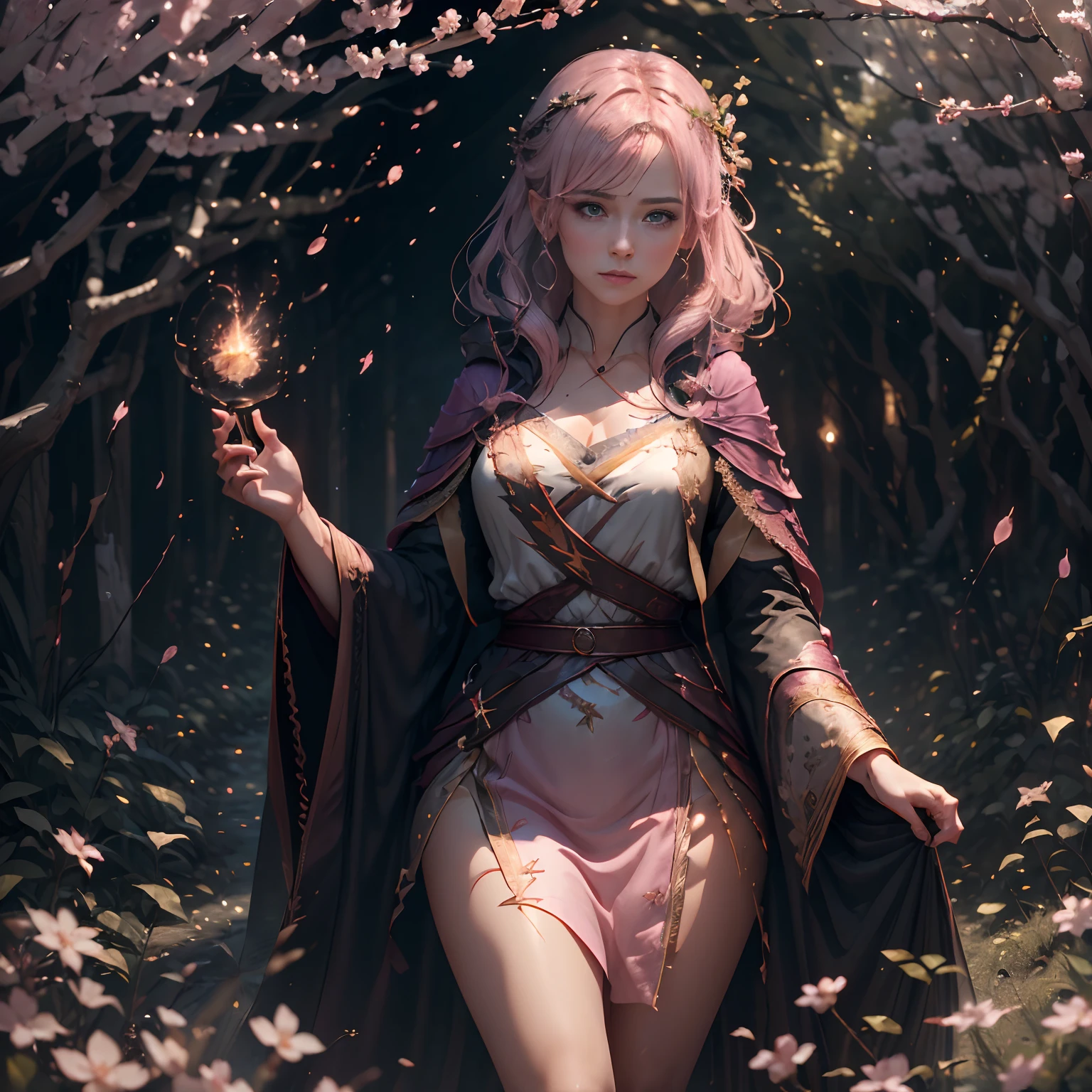 A woman in a light pink dress stands in a cherry blossom forest, Art germ, Realistic landscape, Detailed artistic germ, perfect  eyes, perfect  face, ultra - detailed, full body shot of, (skin indentation: 1.5), realisticlying, realisticlying, (tmasterpiece: 1.5), concept-art, intricately details, highly  detailed, realisticlying, Octane rendering, 8K, unreal-engine, dynamicposes, best qualityer, A high resolution, (photorealiscic face: 1.1), (ultra-realistic realism: 1.1) , ((full_Body)), perfect  eyes, (shiny skin: 1.2), ((hairdo))), ((Perfect hands))), (very highly detailed background), ((Dynamic background), ((Lightning), (Lightning), ((1girll)), wears a long robe, (((Flow curtain))), ((A detailed eye, high-quality eyes, high-quality face)), The light pink dress is extremely complicated, Magic robes), casting lightning, electricity, rotating flame, radiation, Spark, Smoke, magia, (Dramatic), Epic, battlefiled, depth of fields, Bokeh, 4K, gotik, ashes, Particulate matter.