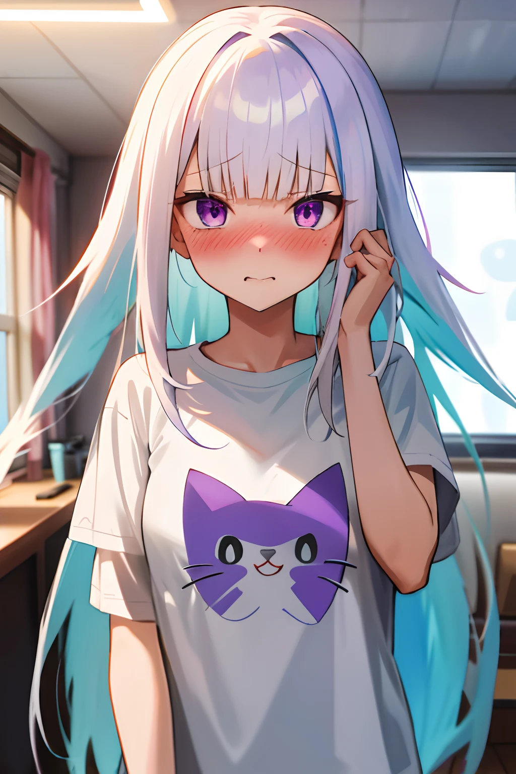 One girl with long hair, white hair, looking at viewer, embarrassed, blushing, indoor , oversized naked t shirt, purple t shirt, cat logo t shirt
