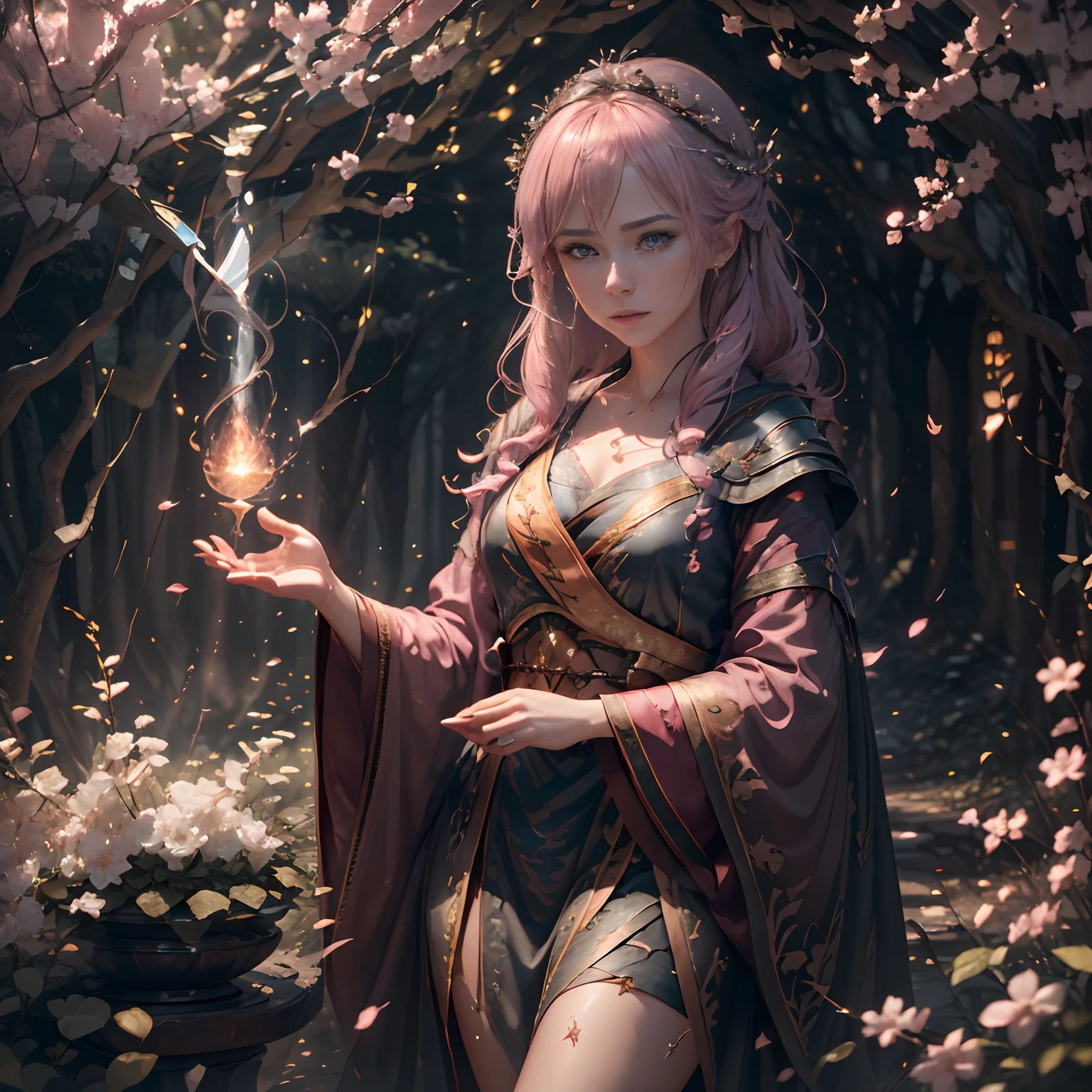 A woman in a light pink dress stands in a cherry blossom forest, Art germ, Realistic landscape, Detailed artistic germ, perfect  eyes, perfect  face, ultra - detailed, full body shot of, (skin indentation: 1.5), realisticlying, realisticlying, (tmasterpiece: 1.5), concept-art, intricately details, highly  detailed, realisticlying, Octane rendering, 8K, unreal-engine, dynamicposes, best qualityer, A high resolution, (photorealiscic face: 1.1), (ultra-realistic realism: 1.1) , ((full_Body)), perfect  eyes, (shiny skin: 1.2), ((hairdo))), ((Perfect hands))), (very highly detailed background), ((Dynamic background), ((Lightning), (Lightning), ((1girll)), wears a long robe, (((Flow curtain))), ((A detailed eye, high-quality eyes, high-quality face)), The light pink dress is extremely complicated, Magic robes), casting lightning, electricity, rotating flame, radiation, Spark, Smoke, magia, (Dramatic), Epic, battlefiled, depth of fields, Bokeh, 4K, gotik, ashes, Particulate matter.