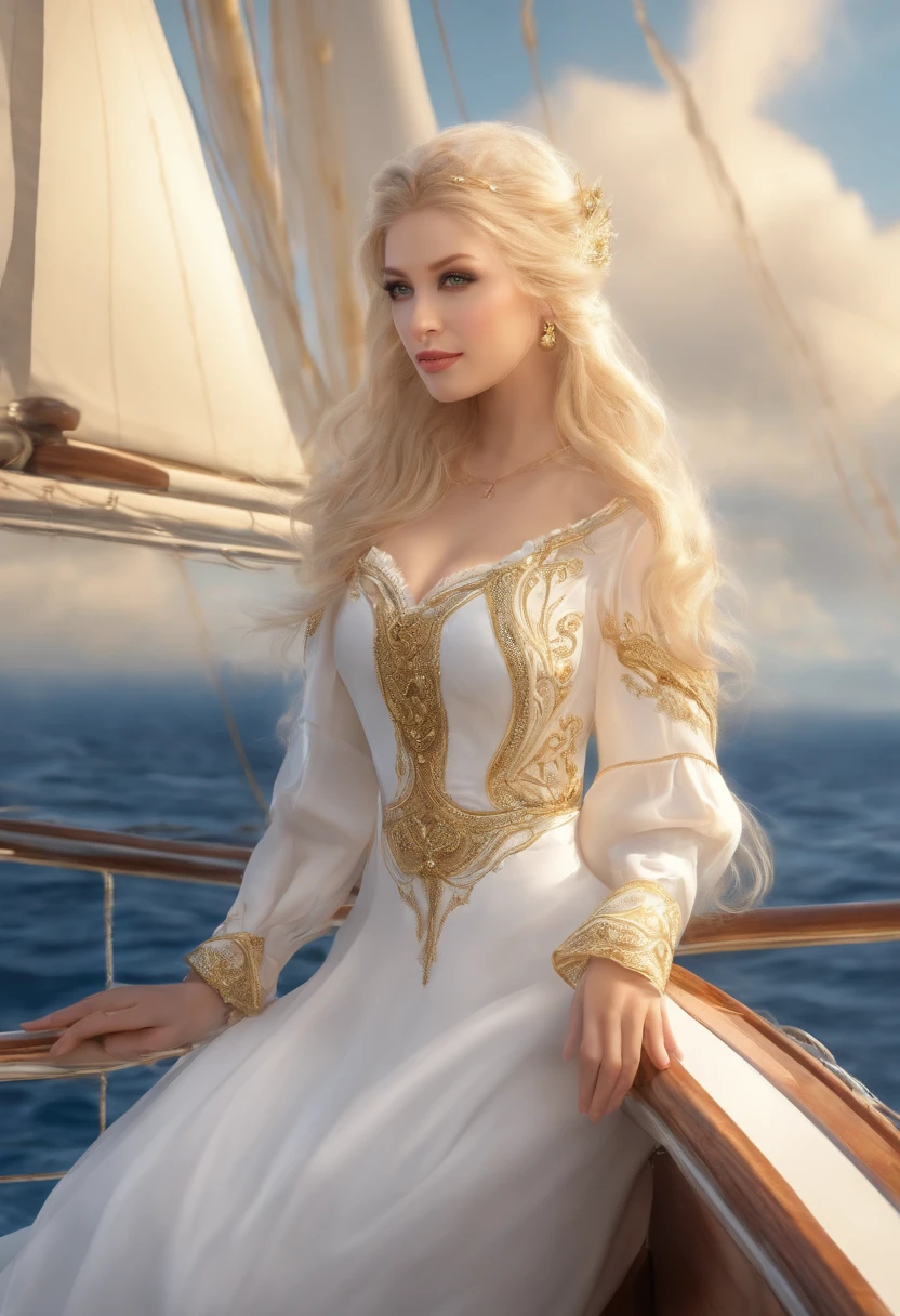 (((masutepiece, Highest Quality, High Definition, high detailing)))), ((((Fantasy))), One, (Elven Woman)))), (White short skirt with gold embroidery), (Blonde long straight hair), (shiny dark green eyes), (White ruffled blouse with gold embroidery), Big, (((On the deck of a sailing ship at sea)), (Vast sea))), (The sky with clouds)), (( Seagulls flying in the sky)), Smile, (Breeze), Particles of light flying