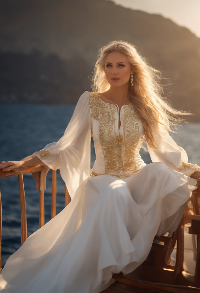 (((masutepiece, Highest Quality, High Definition, high detailing)))), ((((Fantasy))), One, (Elven Woman)))), (White short skirt with gold embroidery), (Blonde long straight hair), (shiny dark green eyes), (White ruffled blouse with gold embroidery), Big, (((On the deck of a sailing ship at sea)), (Vast sea))), (The sky with clouds)), (( Seagulls flying in the sky)), Smile, (Breeze), Particles of light flying