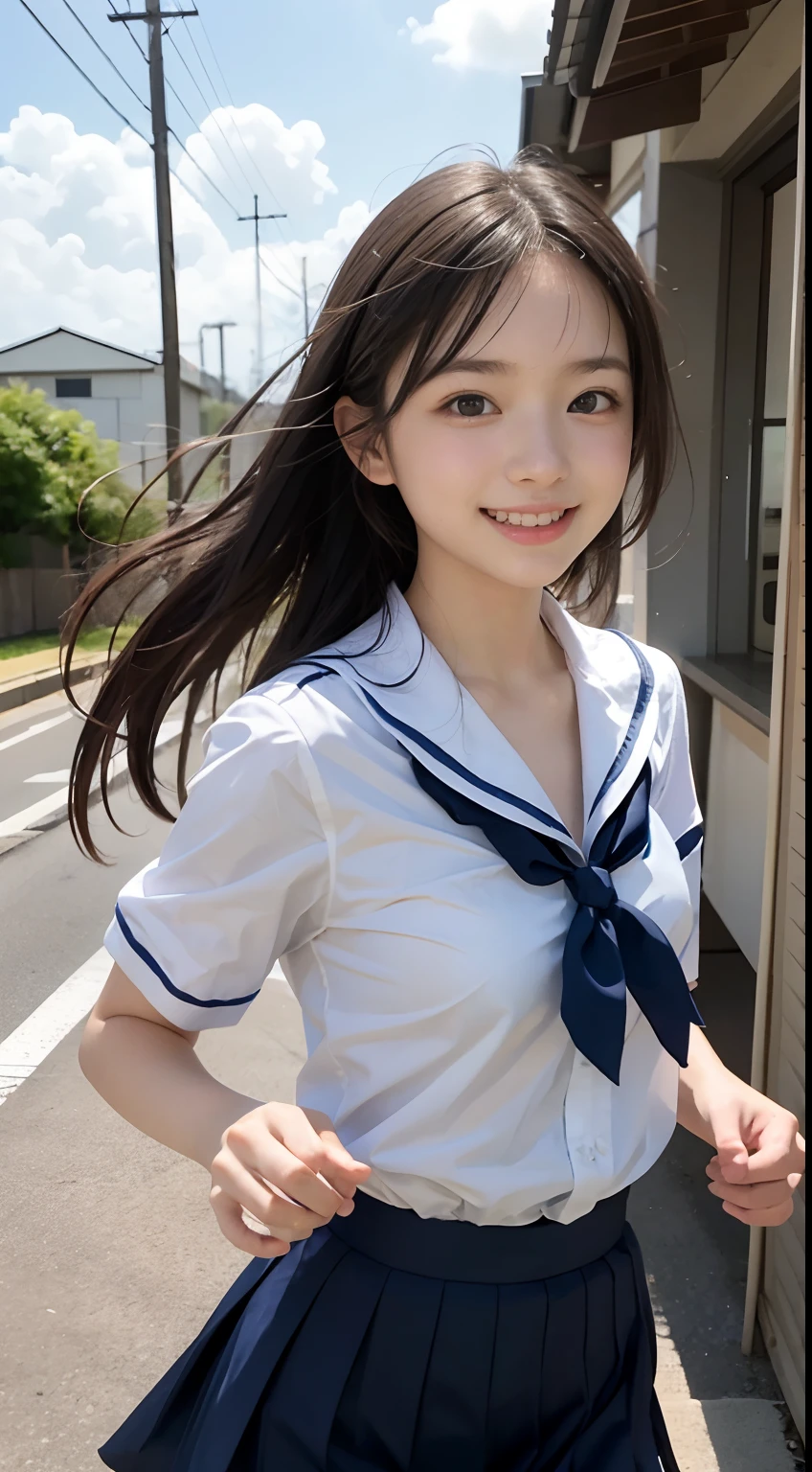 1girl in , , Happy smile, Blue eyes, masutepiece, Best Quality, Detailed, Lori, Girly running,
a junioror School Uniform, Lori, tits out, On the way to school, (slender:1),
japanse, small brest, Vulgarity, The wind is blowing, Sky blue seaside