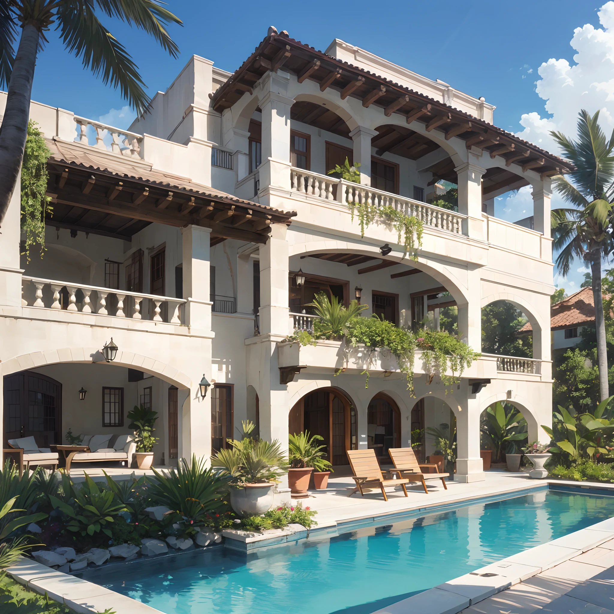 Tropical country with palms　luxury car　Mansion with pool　Beautiful photos