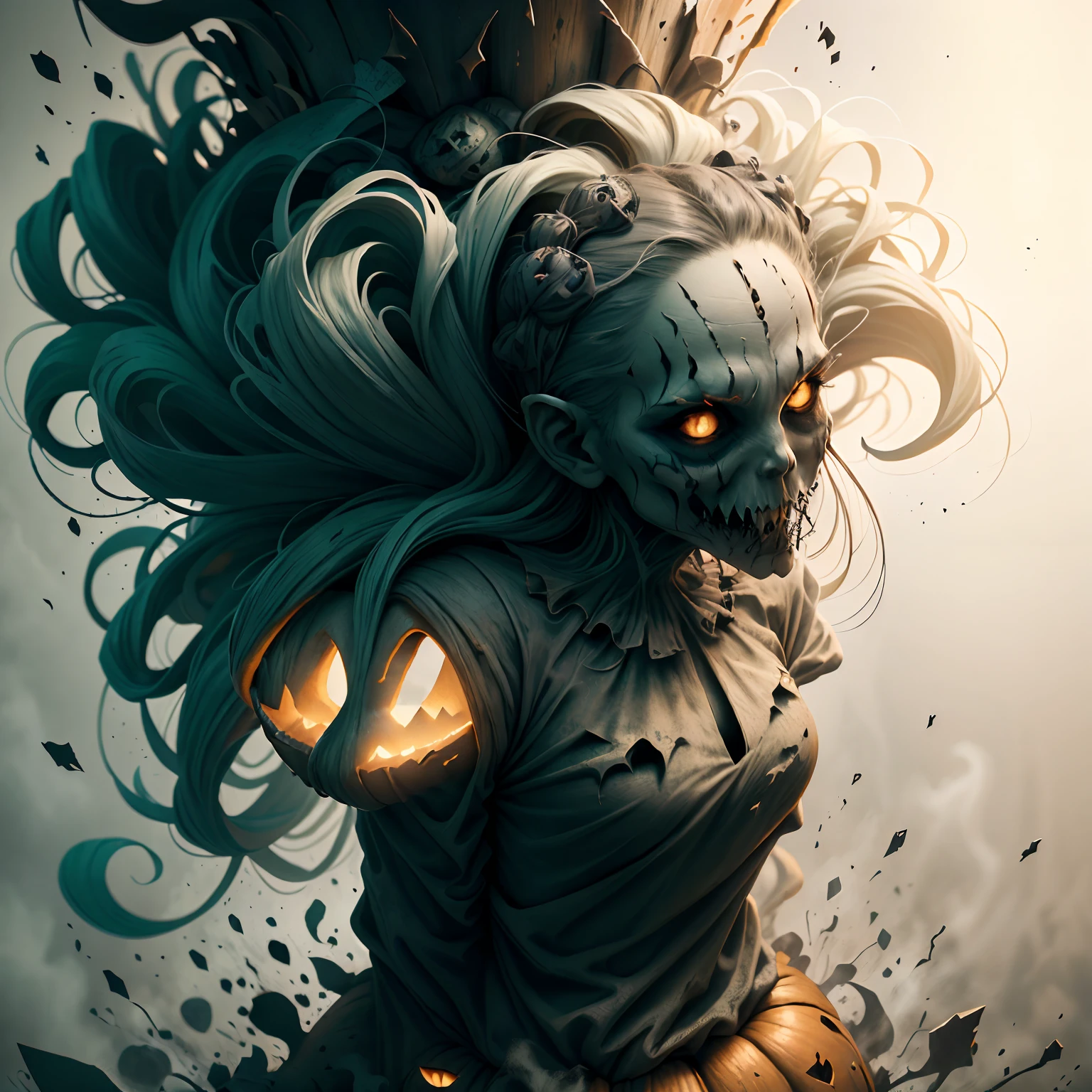 A halloween theme with fun and scary spirit of pumpkins carving and haunted asylums, white backgrounf, printable, cartoonish