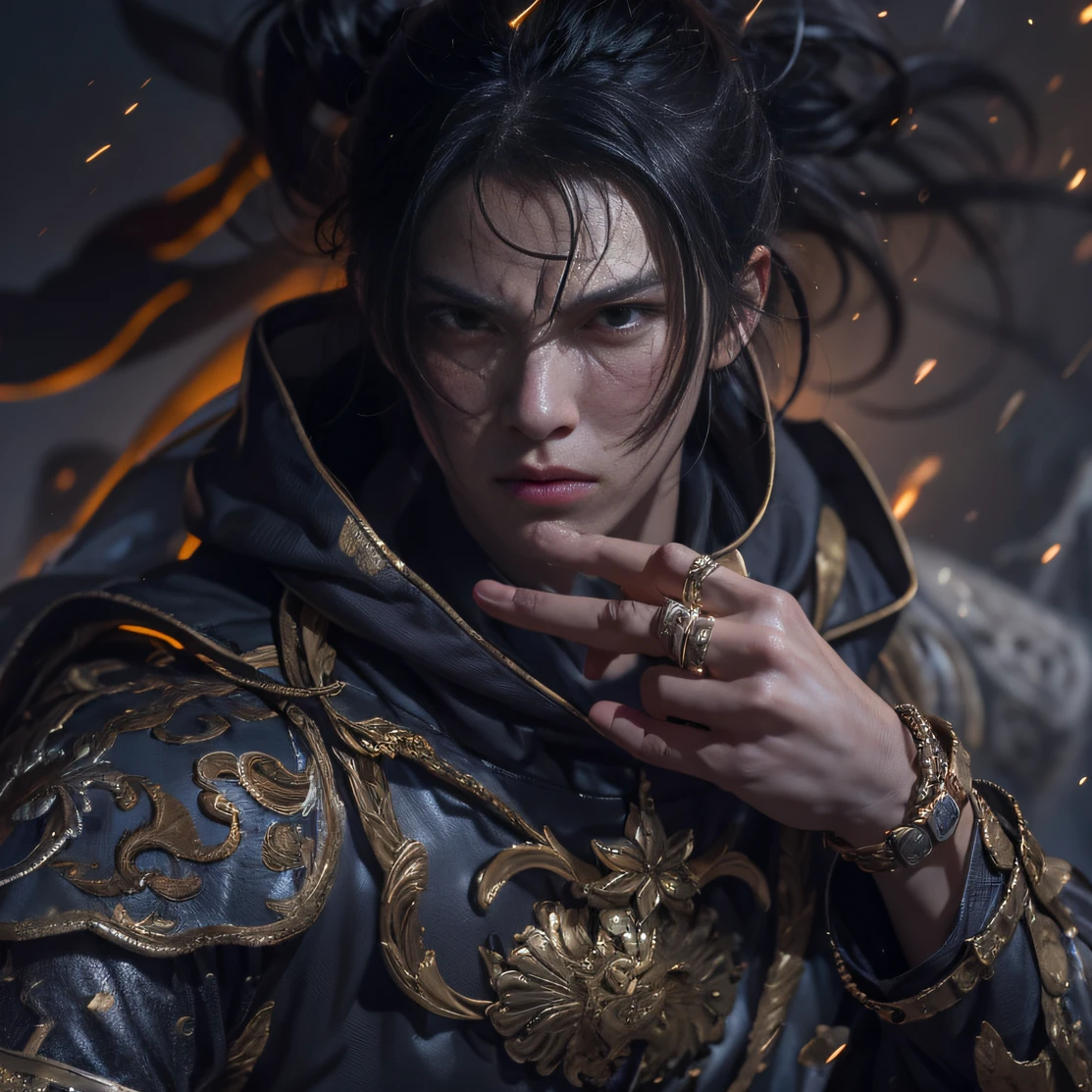 (废墟)eyes filled with angry,He clenched his fists,Rush up,Deliver a fatal blow to your opponent,full bodyesbian,Full Body Male Mage 32K(tmasterpiece,k hd,hyper HD,32K)Long flowing black hair,Campsite size,zydink, a color, patriot (废墟), (Linen batik scarf), Angry fighting stance, looking at the ground, Batik linen bandana, Chinese python pattern long-sleeved garment, (Abstract propylene splash:1.2), Dark clouds lightning background,Flour flies(realisticlying:1.4),Black color hair,Flour fluttering,Background fog, A high resolution, the detail, RAW photogr, Sharp Re, Nikon D850 Film Stock Photo by Jefferies Lee 4 Kodak Portra 400 Camera F1.6 shots, Rich colors, ultra-realistic vivid textures, Dramatic lighting, Unreal Engine Art Station Trend, cinestir 800,Flowing black hair,(((Male mage))),The male mage was furious,