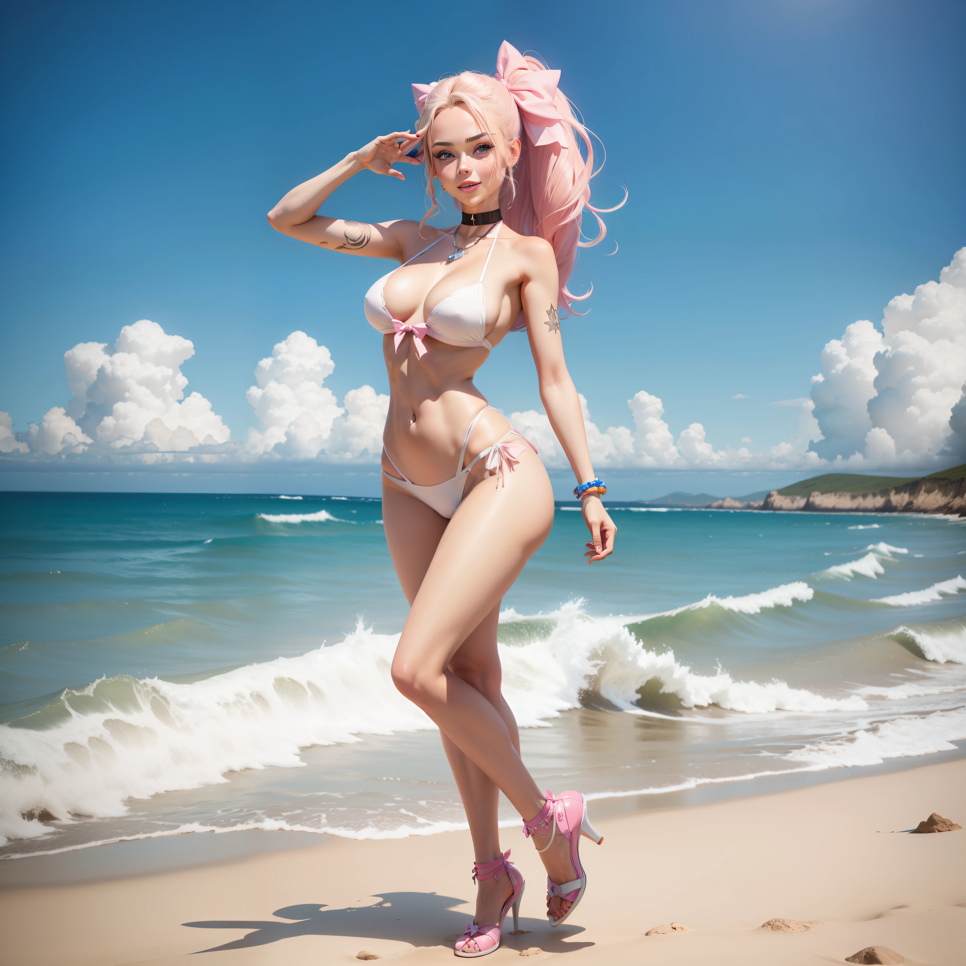 One Barbie, ((Full body)),8th class, Blue eyes, Smiling face, Hair loss swaying in the wind, Hip Hop Singer Pose, Dressed in hip-hop style,White Bikini,swarovski,pasties,With a pink bow on the arm, Fashion, Extremely high quality, high details, 8K, clean back ground, in studio, ((Full body shot)),Align your fingers neatly,Accurate Hand Modeling,wave her hand,west coast beach