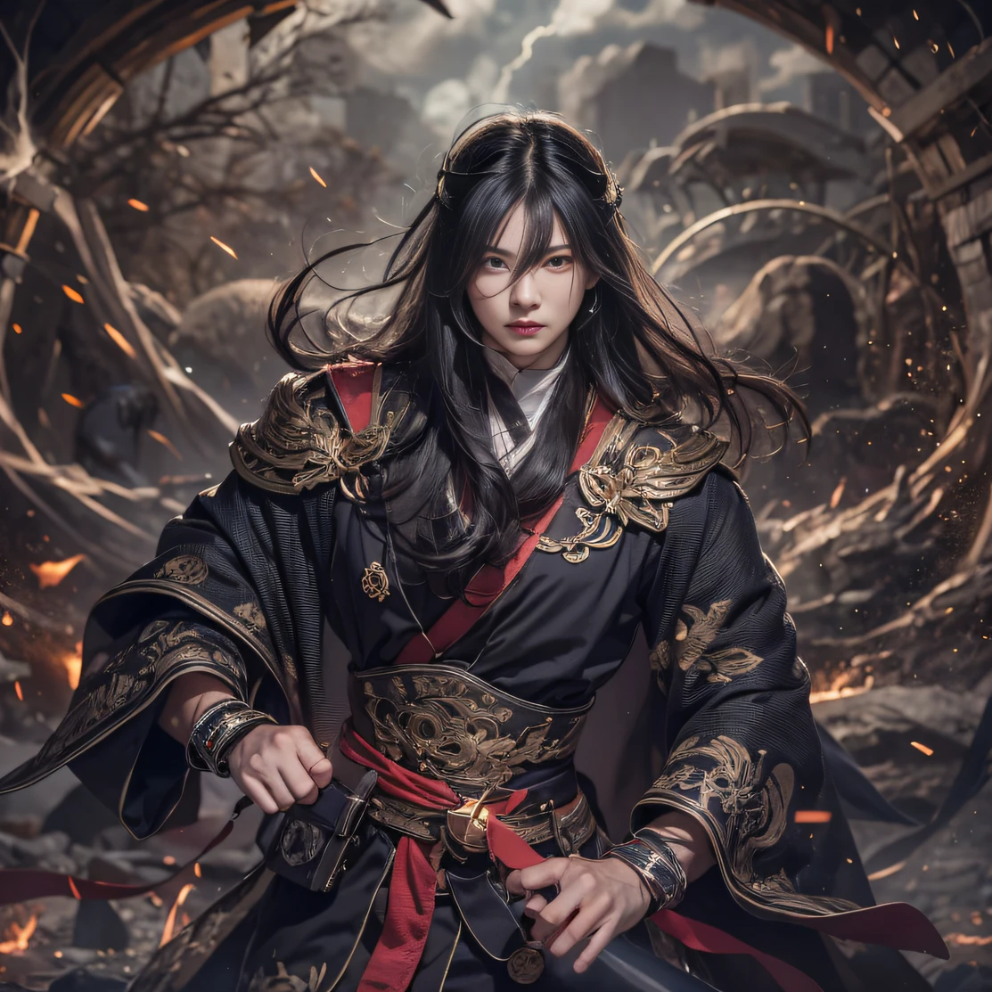 （废墟）eyes filled with angry，He clenched his fists，Rush up，Deliver a fatal blow to your opponent，full bodyesbian，Full Body Male Mage 32K（tmasterpiece，k hd，hyper HD，32K）Long flowing black hair，Campsite size，zydink， a color， patriot （废墟）， （Linen batik scarf）， Angry fighting stance， looking at the ground， Batik linen bandana， Chinese python pattern long-sleeved garment， （Abstract propylene splash：1.2）， Dark clouds lightning background，Flour flies（realisticlying：1.4），Black color hair，Flour fluttering，Background fog， A high resolution， the detail， RAW photogr， Sharp Re， Nikon D850 Film Stock Photo by Jefferies Lee 4 Kodak Portra 400 Camera F1.6 shots, Rich colors, ultra-realistic vivid textures, Dramatic lighting, Unreal Engine Art Station Trend, cinestir 800，Flowing black hair,（（（Male mage））），The male mage was furious，