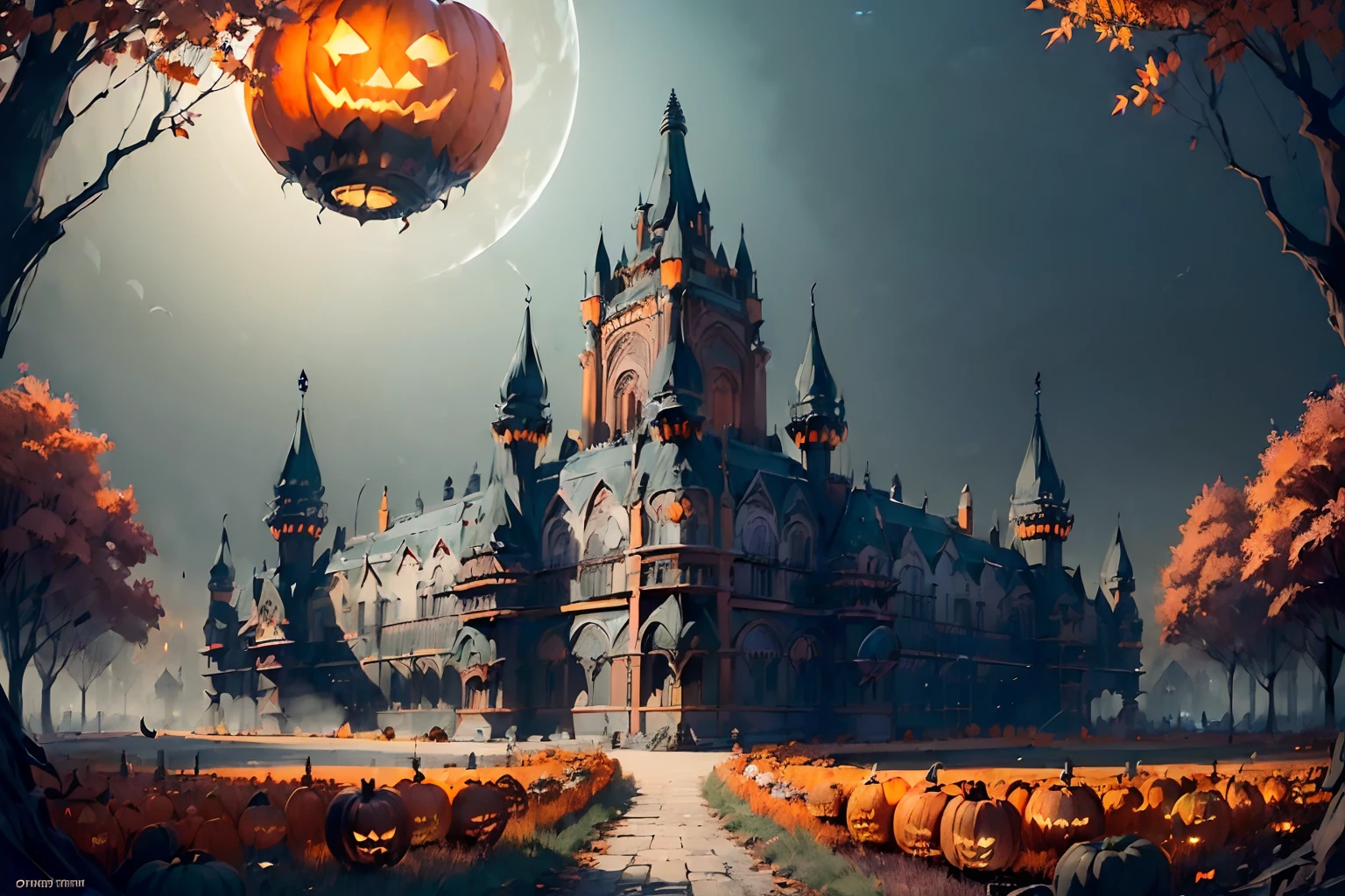 (((stunning extremely insane detail huge palace illustrations:1.4))), (with palace of fused Halloween and witch architecture:1.3), gland level shot, matte paint and mixed media, autumn forest city background, horror atmosphere, (in the air of floating crystal sphere ball:1.3), (eerie but mysterious atmosphere:1.3), (((Halloween face hazy moon))), (((Jack O' Lantern's:1.3))), crisp clarity that is unmatched, palette knife and brush strokes, thick oil painting coating, mezzotint of blue metal. (((extremely insane detail):1.3)), add line is fountain pen and ink, ((line of autumn trees of suspicious streetlight:1.2)), (impeccable quality:1.3), (highest quality:1.3), (((highly quality:1.3))), best quality, (((no deformed:1.1))), (extremely elaborate drawing:1.3),