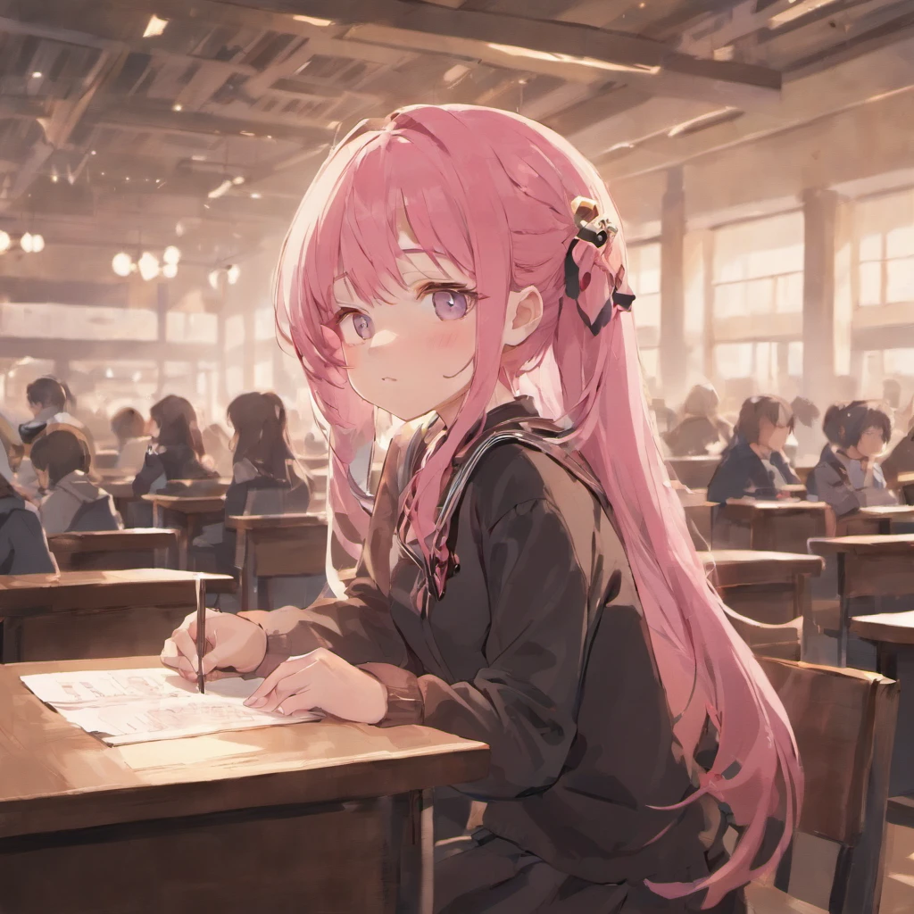 Girl with the perfect face,schools,on desk,student clothes,Black tights,Cute sitting pose,natta,Pink hair,bobhair,Shyness,Ha is just,moonlights,mouth ajar,