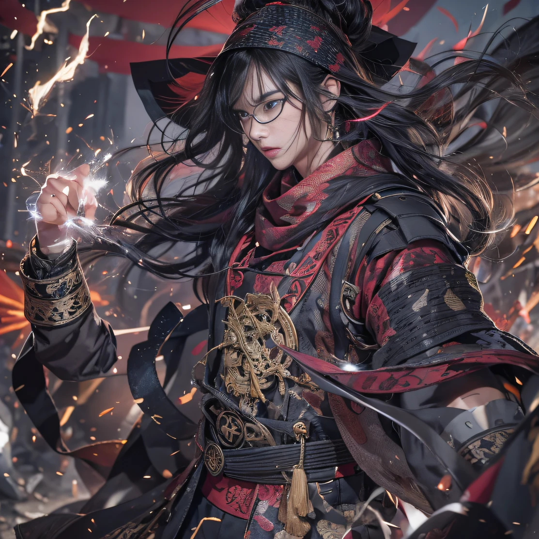 (废墟)eyes filled with angry,He clenched his fists,Rush up,Deliver a fatal blow to your opponent,full bodyesbian,Full Body Male Mage 32K(tmasterpiece,k hd,hyper HD,32K)Long flowing black hair,Campsite size,zydink, a color, patriot (废墟), (Linen batik scarf), Angry fighting stance, looking at the ground, Batik linen bandana, Chinese python pattern long-sleeved garment, (Abstract propylene splash:1.2), Dark clouds lightning background,Flour flies(realisticlying:1.4),Black color hair,Flour fluttering,Background fog, A high resolution, the detail, RAW photogr, Sharp Re, Nikon D850 Film Stock Photo by Jefferies Lee 4 Kodak Portra 400 Camera F1.6 shots, Rich colors, ultra-realistic vivid textures, Dramatic lighting, Unreal Engine Art Station Trend, cinestir 800,Flowing black hair,(((Male mage))),The male mage was furious,