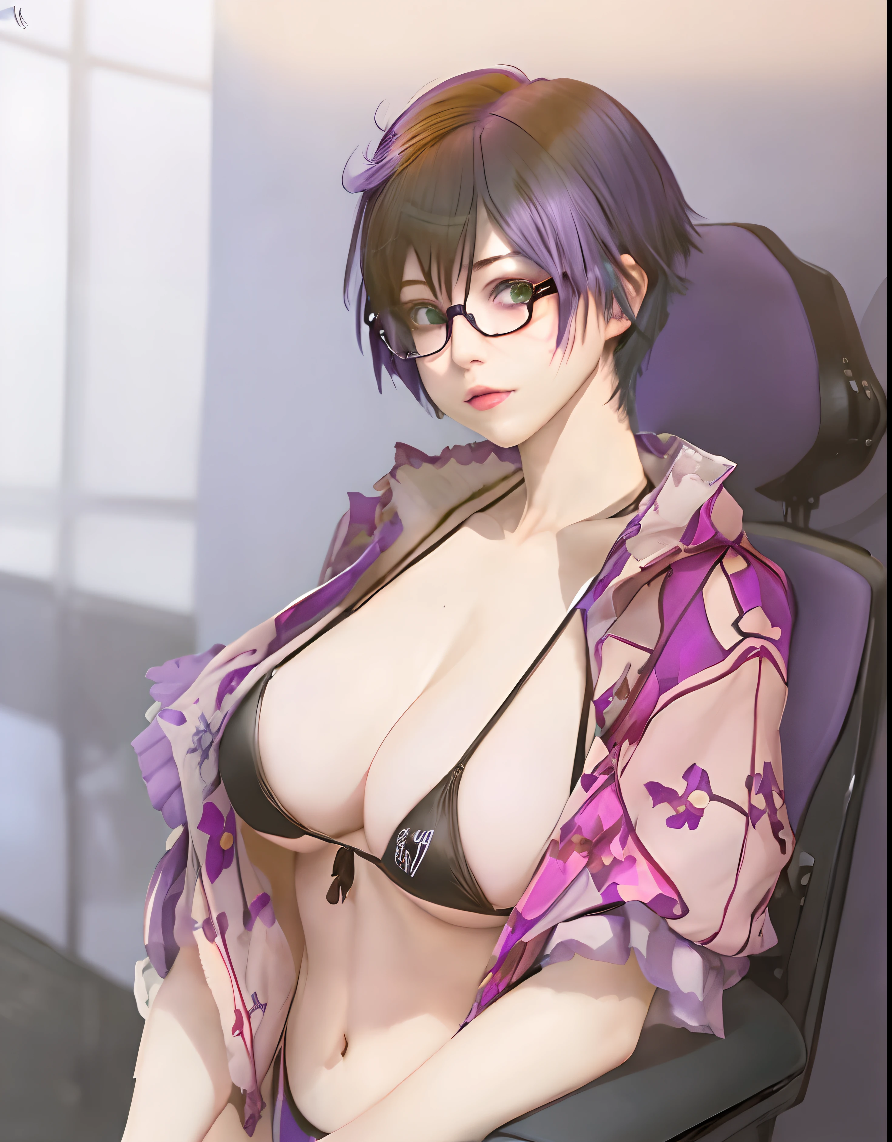 1girl, mash kyrielight, glasses, bikini, short hair, purple hair, relistic, ultra detail, 70mm lens,
