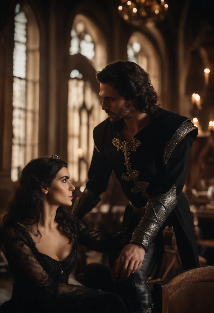 (black-haired guy, a cunny grin, elfin ears, black Prince's fairy knight suit, crown of thorns, he tied up to the chair and is looking at girl above him with passion), (the girl is serious and beautiful, in a black leather suit, with a beautiful dagger in hand, she is about to kiss the guy), (dark cabinet room), (European people), (realism), (very detailed accurate faces), (cinematographic style), (highly detailed), (hdr), (perfect), (beyond imagination), (atmospheric perspective), (8k), (super detail), (accurate), (best quality)