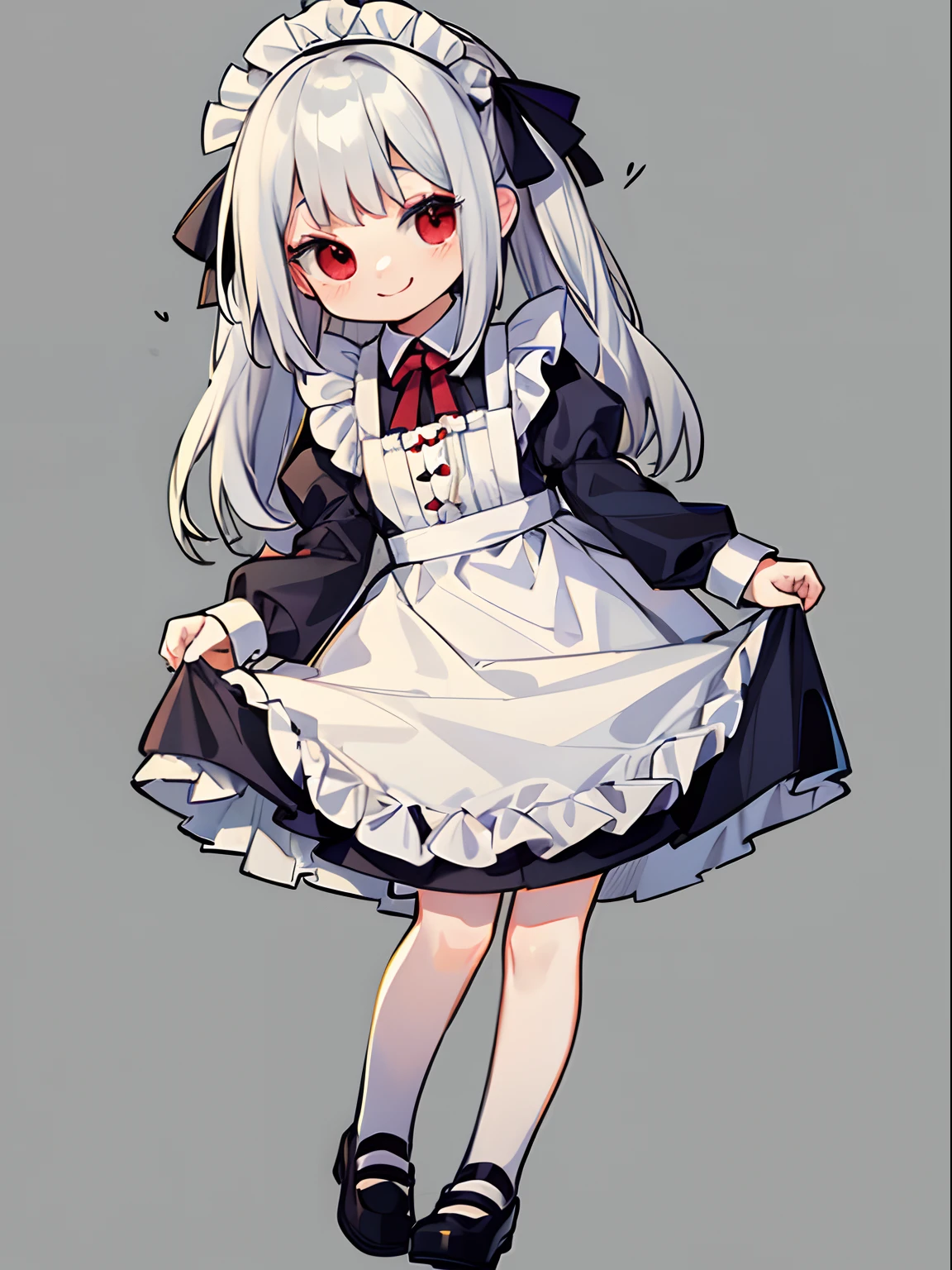 Silver-haired woman,Red Eyes,cute little,A smile,maid clothes,adolable,frilld,Long hair,a miniskirt,full body Esbian,cute background