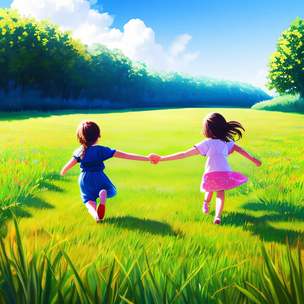 2 children, hand in hand, running on the grassland, outdoor, sunny day, green grass, colorful flowers, blue sky, joyful expressions, flowing hair, laughter, full body, from behind, nice hands, perfect hands, 8k, best quality, illustration. --auto