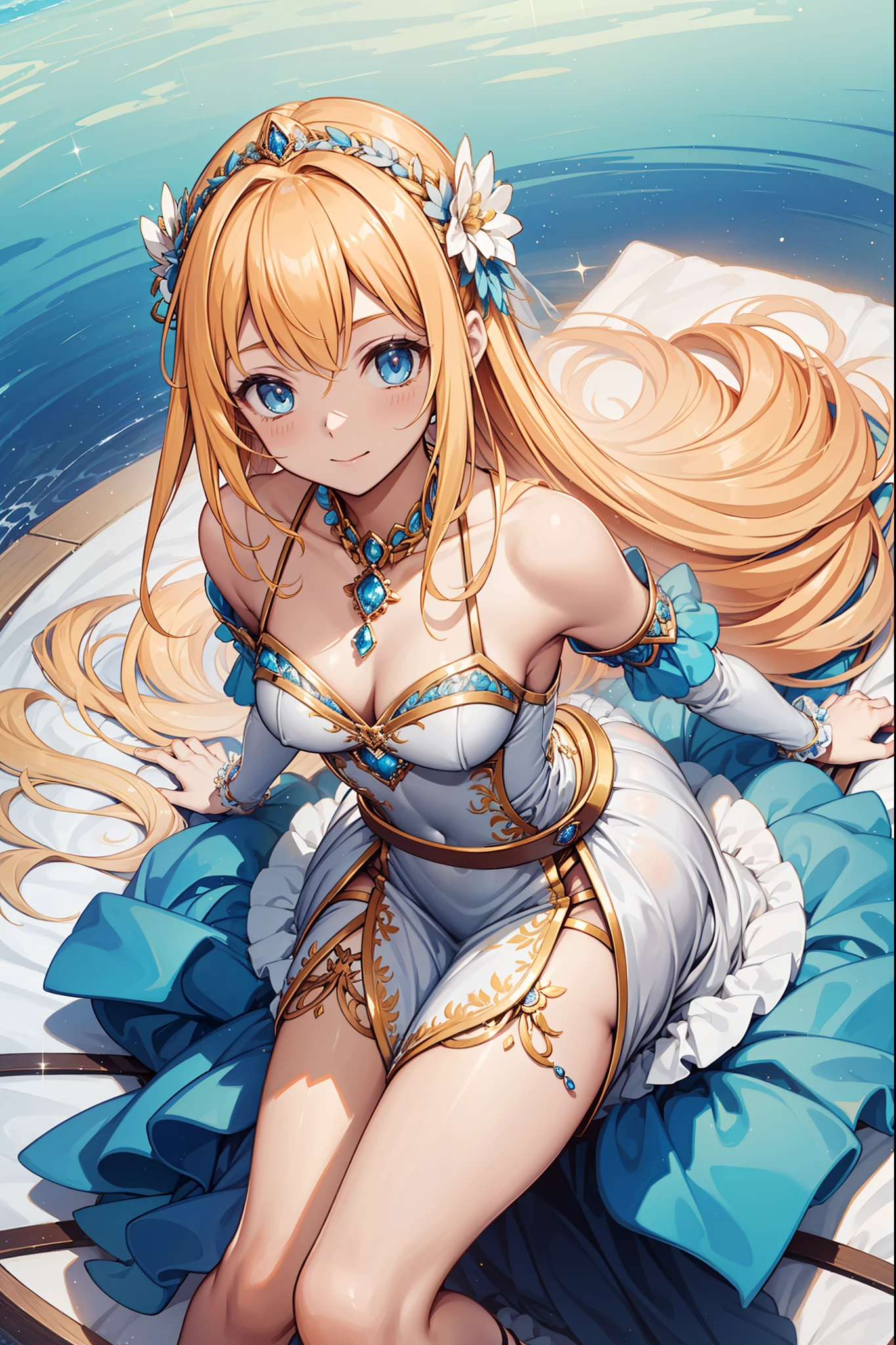 solo person，teens girl，Enchanted，A princess，having fun，Being in love，Seductive pose,(Western-style white dress)，(blond hairbl)，(eBlue eyes)，(Gold pattern)，(A small amount of sky blue cloth),Delicate princess headdress，super ultra detail，Ruffles，Lace，jewel embellishment，Floral decoration，detailed bedroom，best qualtiy，tmasterpiece，A high resolution，see-through transparent clothes，the night