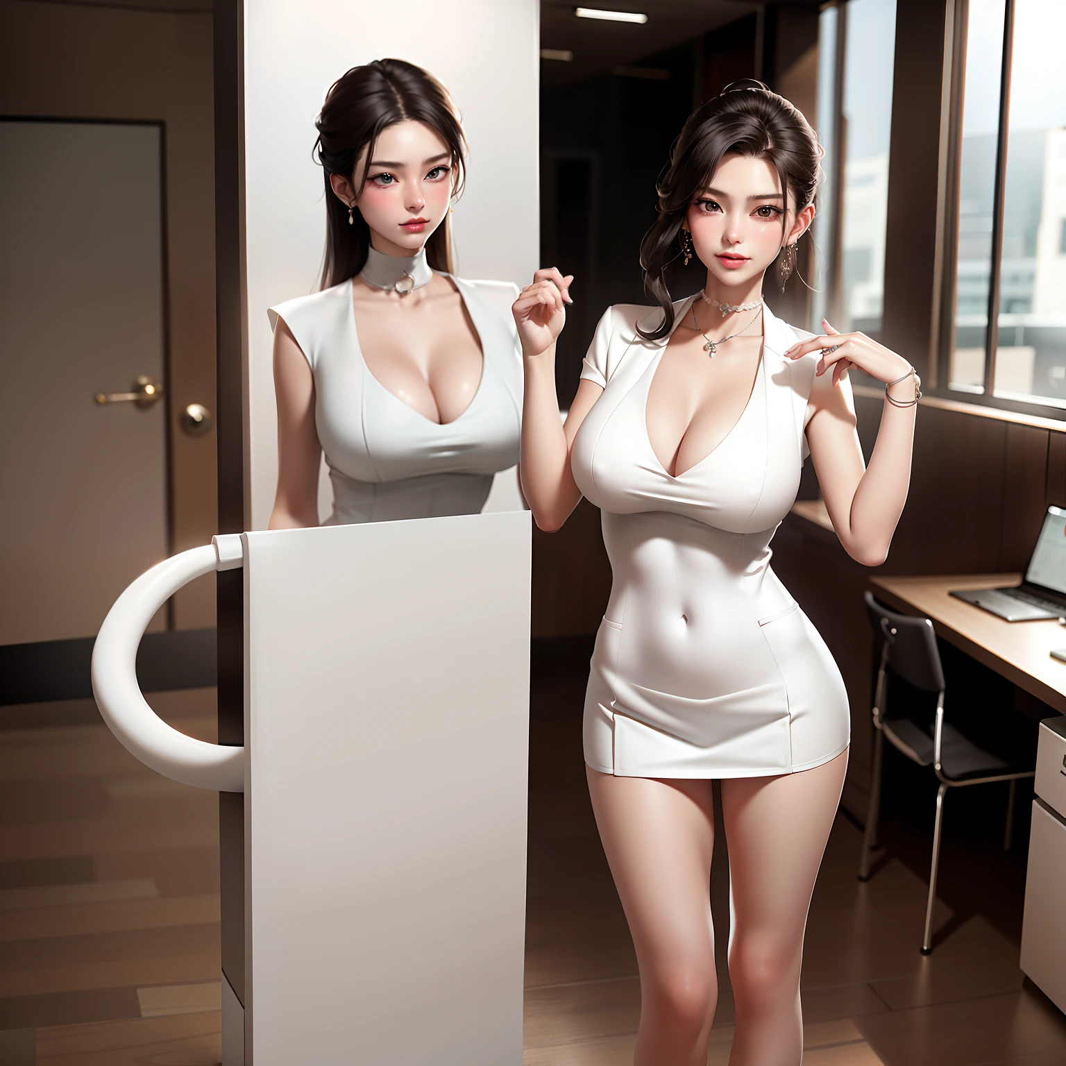 best qualtiy,Full body like,Cinema lenses,Refined face,pretty face,20yo woman,ssmile,slimfigure,medium chest circumference,Office president white petticoat,Delicate and gorgeous cream white blazer,Office wear,Beth,interior scenes,office room,Open the collar,Expose cleavage,Raised sexy,nipple bump,tit,vacuum,耳Nipple Ring,choker necklace,Stretch meat,choker necklace,耳Nipple Ring,Beautiful and meticulous office,Gorgeous light,misty background,
