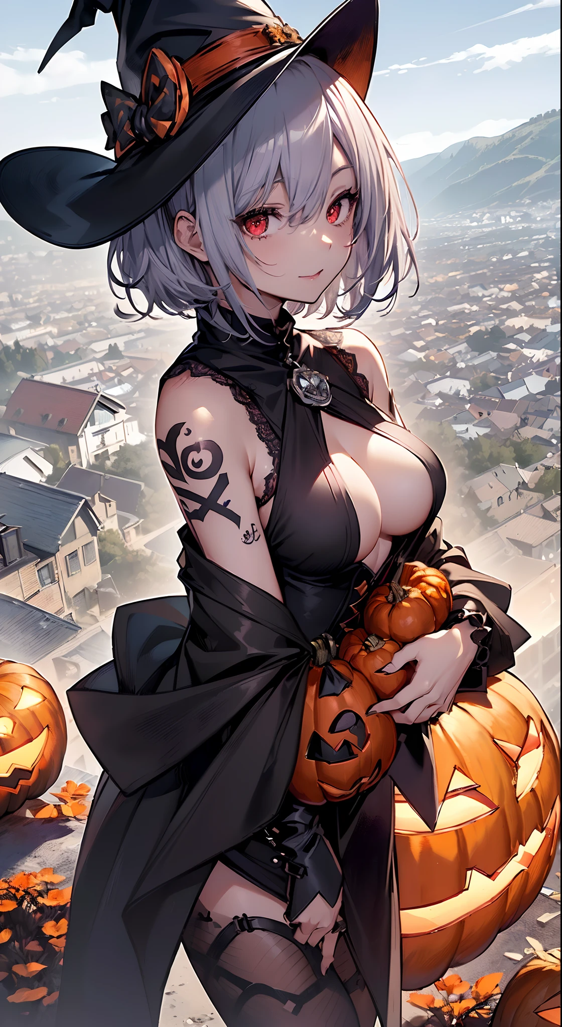 top-quality、Top image quality、in 8K,4K,​masterpiece、(NSFW:1.1)、ultra-detailliert、Beautiful、ultra-quality、adult-like、Cool、((Undersized :1.4、A slender))、girl with(((18year old、Halloween Style:1.5、witch clothing:1.2、silber hair、a short bob:1.3、Red Eyes、erotick:1.4、Happiness、The tattoo)))、all-fours:1.7、hiquality、visualart、Background with((Western Countryside Town:1.2、Halloween:1.2))、masutepiece