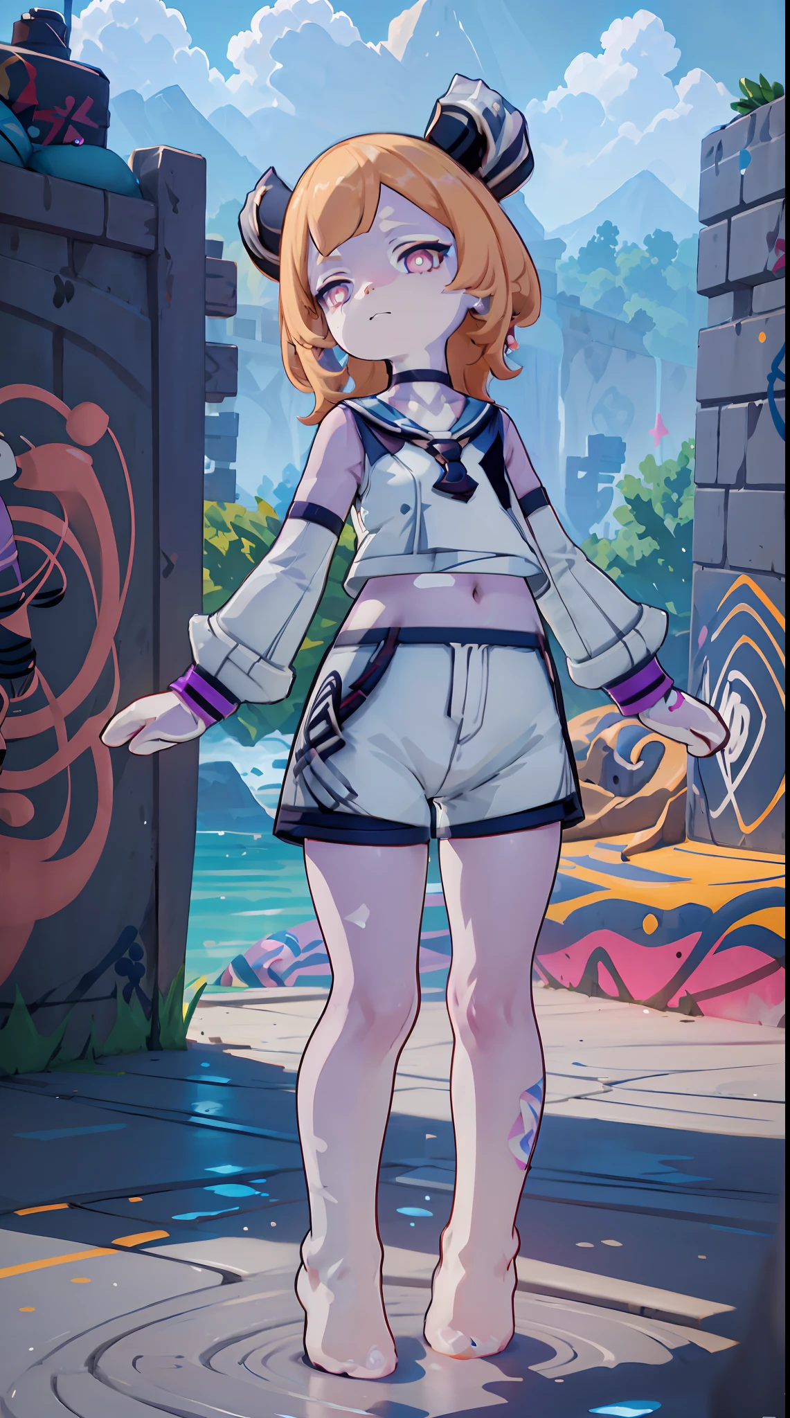 Melousine | genshin impact, master-piece, bestquality, 1girls,25 years old, proportional body, elongated legs, proportional., sailor suit, mediuml breasts, ,bara, crop top, choker, (Graffiti:1.5), Splash with purple lightning pattern., arm behind back, against wall, View viewers from the front., Thigh strap, Head tilt, bored, 10, 10, HD,