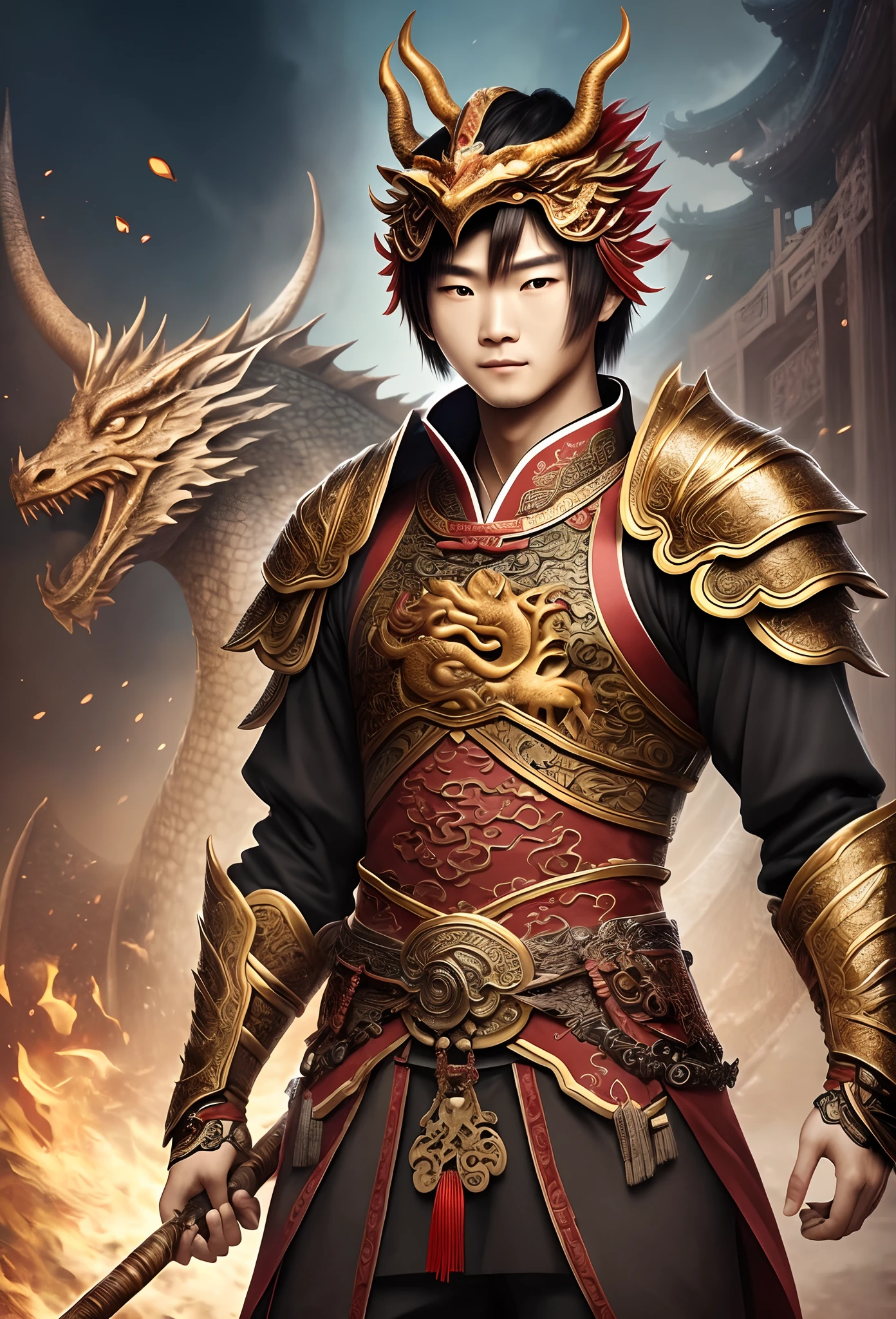 A young Chinese man, 20 years old, with brown hair and well-defined facial features, very handsome and suave, is wearing ancient Chinese warrior armor. Beside him is a mythical creature, a Chinese dragon, with a lifelike and vivid appearance. --auto --s2