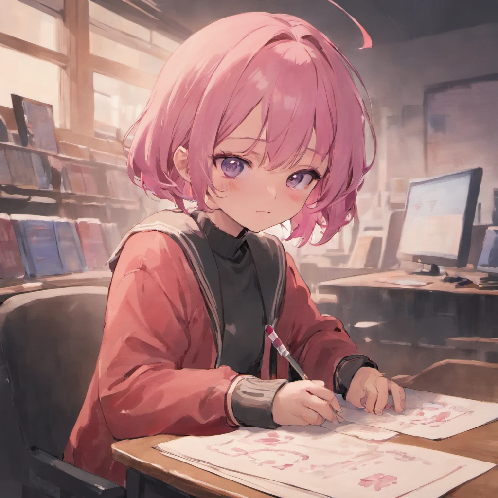 Girl with the perfect face,1人,schools,Girl sitting on desk,student clothes,Black tights,natta,Pink hair,bobhair,Shyness,Ha is just,moonlights,mouth ajar,High school students,cute little,cute little,cute little