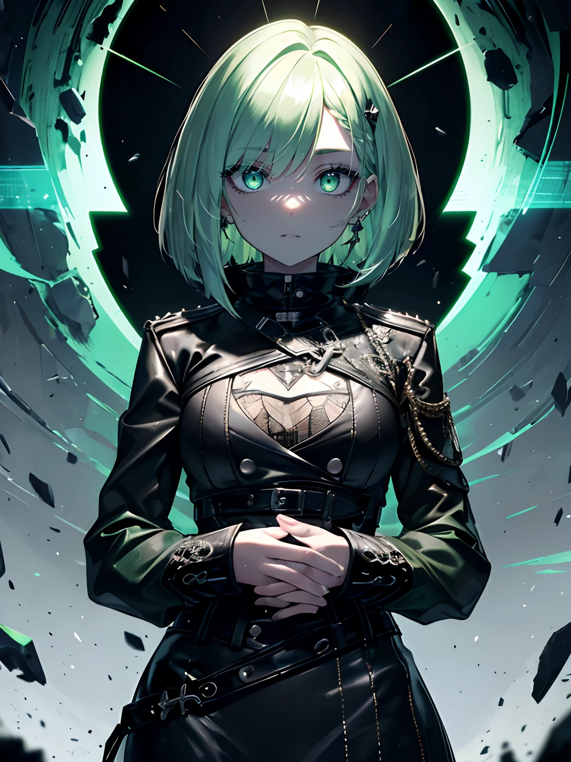 (masterpiece), (best quality), (illustration), dynamic angle, cinematic angle, (colorful), (improve contrast), extremely detailed,
1girl, solo, blonde, looking at viewer, earrings, jewelry, indigo eye, maid hat, bangs, high ponytail, blunt bangs, evil smile, bare shoulders, hair ornament, grim expression, Fluorescent Green Maid Outfit, short sleeve, <lora: NecoStyle:1>, (chainsaw: 1.2), eye shadow,
(Graffiti background),