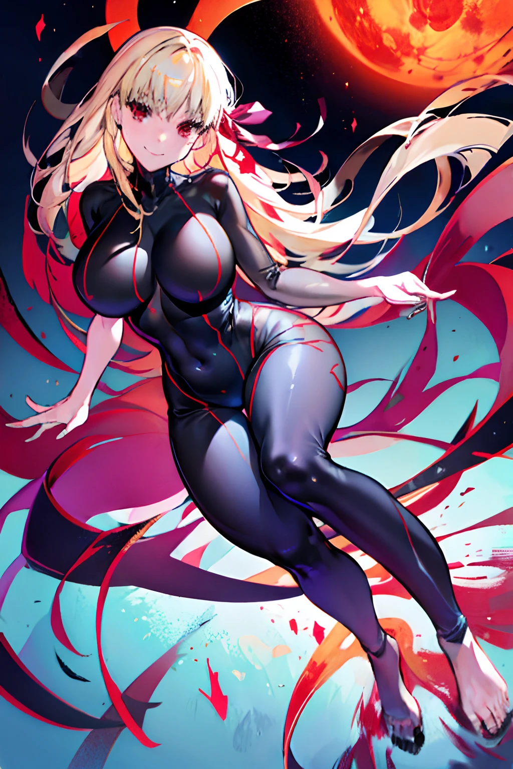 Anime style face a blond Black full body suit Red lines all over the body huge tit Big ass Whip thighs bare-legged seductiv a smile succubus Prone
