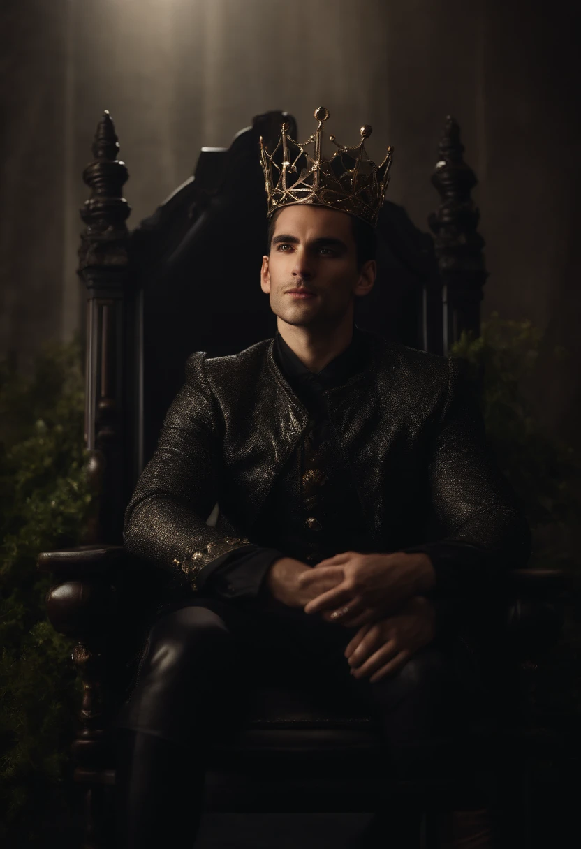 black-haired guy, a cunny grin, elfin ears, black Prince's fairy knight suit, crown of thorns, he tied up to the chair