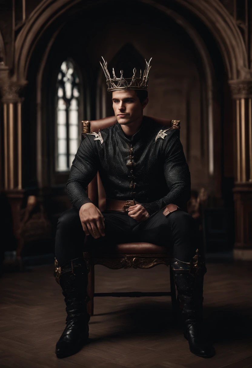 black-haired guy, a cunny grin, elfin ears, black Prince's fairy knight suit, crown of thorns, he tied up to the chair