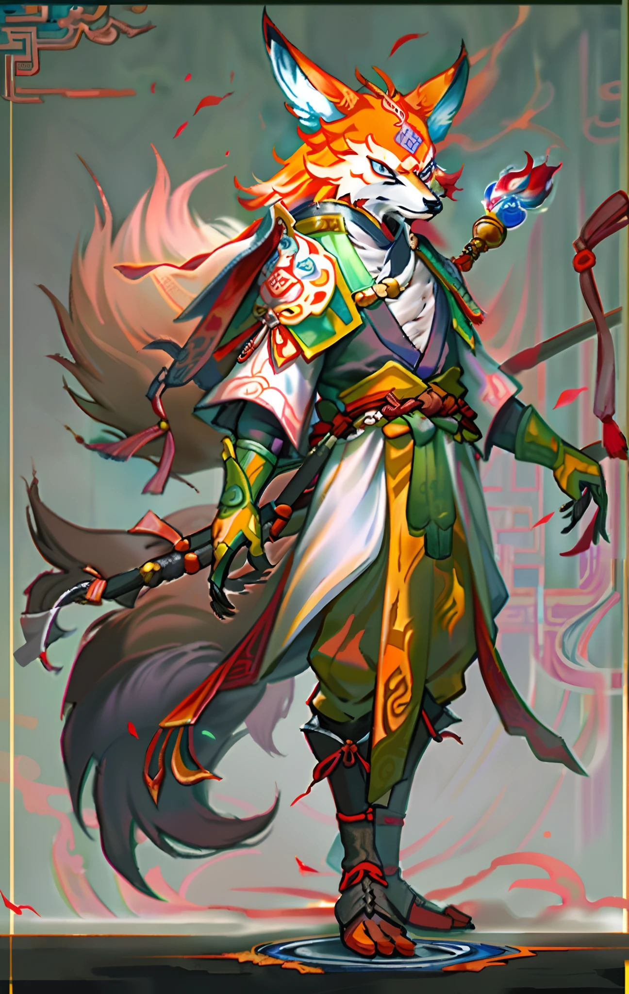 Fox alashazam Mage, Full body like，Close-up of the fox mage in the city, Chinese Warrior, Anthropomorphic mage fox, Son Goku, cgsociety and fenghua zhong, inspired by Li Kan, Epic Mage, Fox warrior, White tattered cloak，Armour，Full body standing painting，Fantasy setting, character concept, character art, Character portrait, Cartoon, Best quality, Best resolution, 4K, Vivid colors, Vivid, High detail, best detail, confident pose, extrovert, look from down,