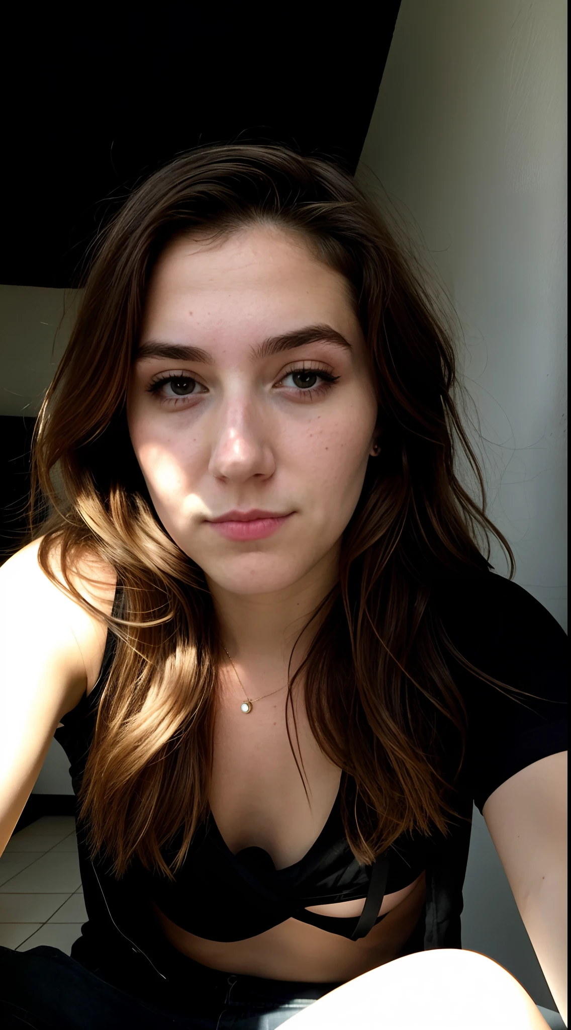 Instagram-Foto, Foto von 23 Y.o Chloe, (langes schwarzes Haar), look wasted, drunk, sad, Harte Schatten, posierende Position, (()), (Pov), ((sad)),
